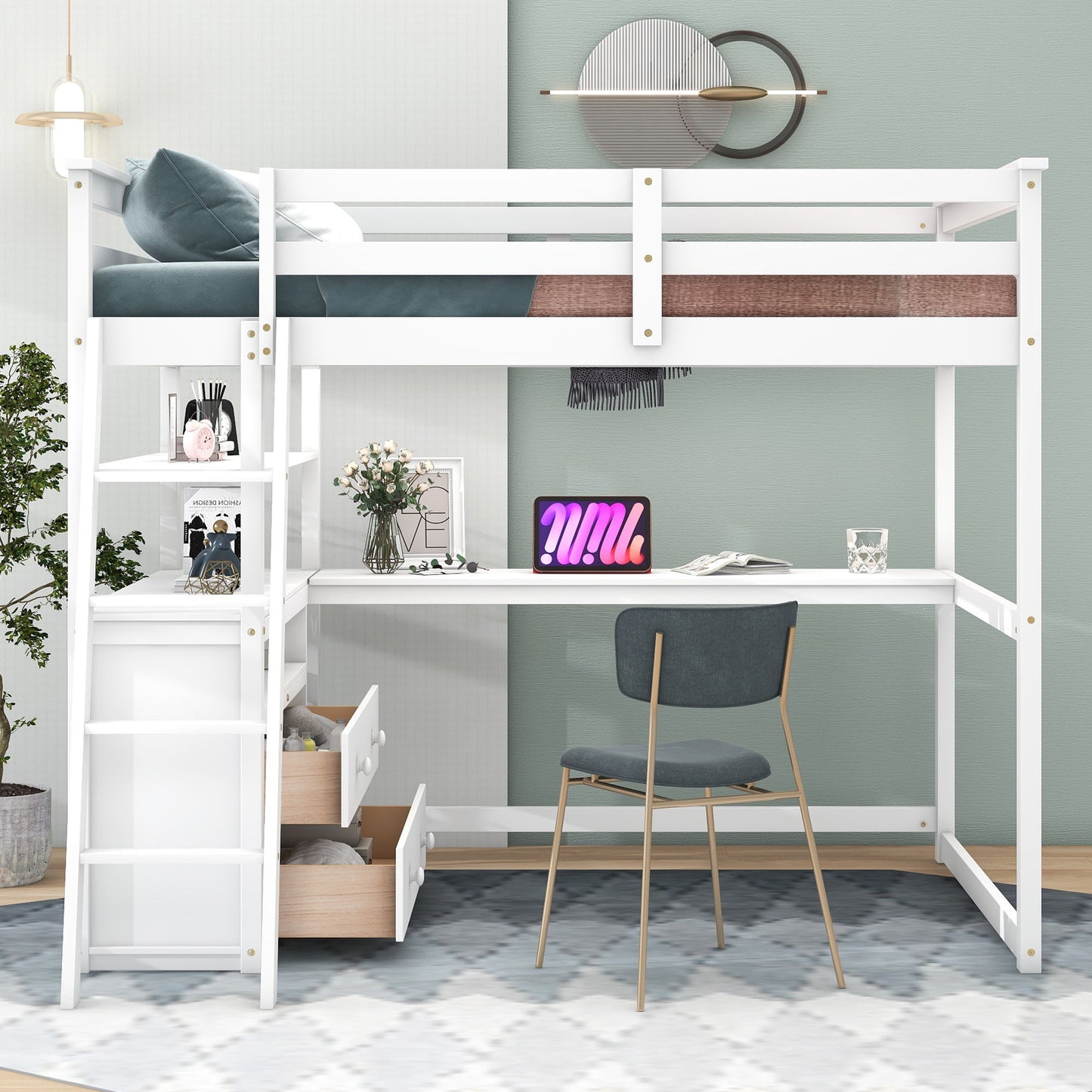 Modern Loft Bed With Built In Desk, Shelves, And 2 Drawers - The Sleep Loft - Online Mattress Showroom NYC