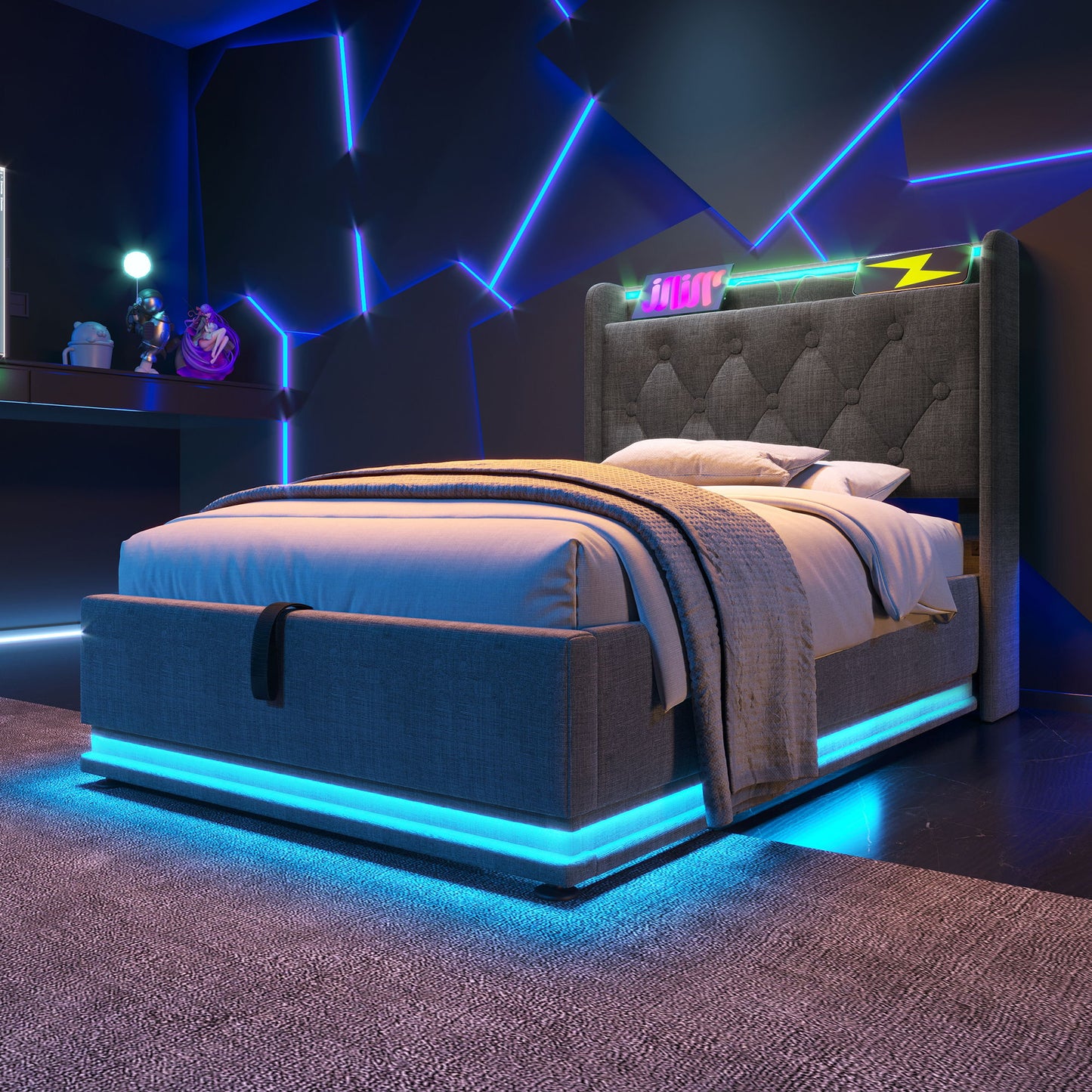 Upholstered Bed, 360 Surround LED Function, Remote Control, Hydraulic Storage Bed With USB, Type-C Charging (Without Mattress) - The Sleep Loft - Online Mattress Showroom NYC