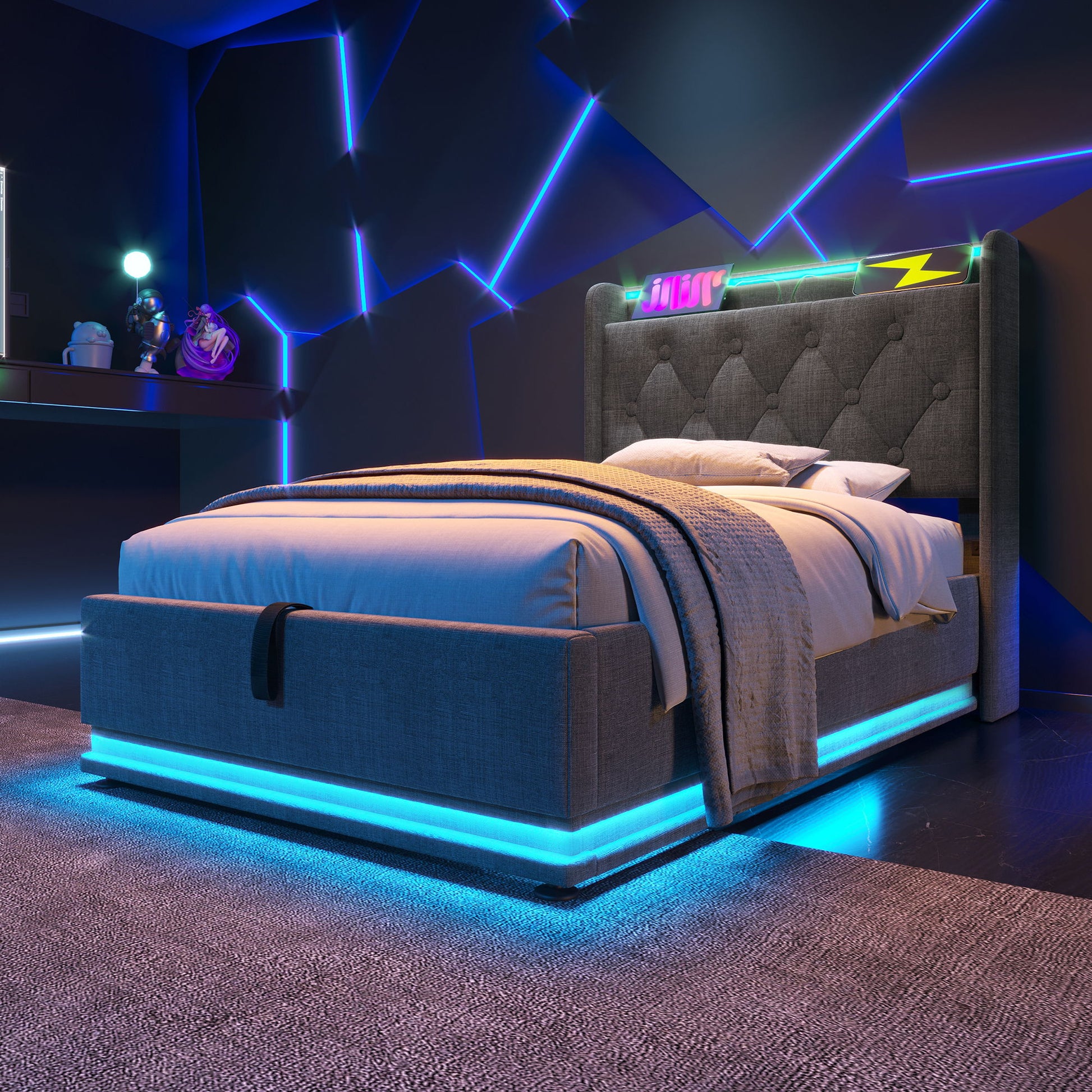 Upholstered Bed, 360 Surround LED Function, Remote Control, Hydraulic Storage Bed With USB, Type-C Charging (Without Mattress) - The Sleep Loft - Online Mattress Showroom NYC