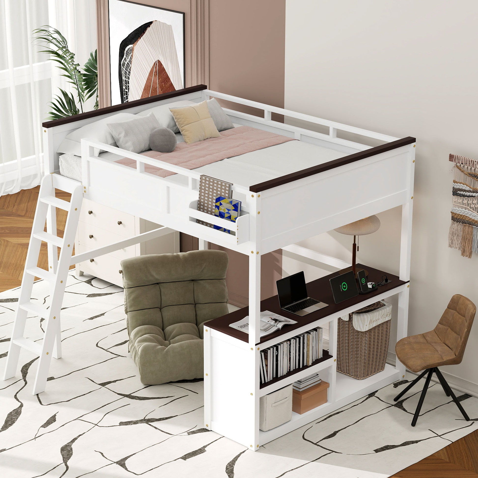 Queen Size Loft Bed With Desk, Open Shelf, Storage Box And USB Charging Station - White - The Sleep Loft - Online Mattress Showroom NYC
