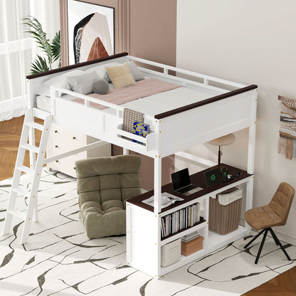 Queen Size Loft Bed With Desk, Open Shelf, Storage Box And USB Charging Station - White - The Sleep Loft - Online Mattress Showroom NYC