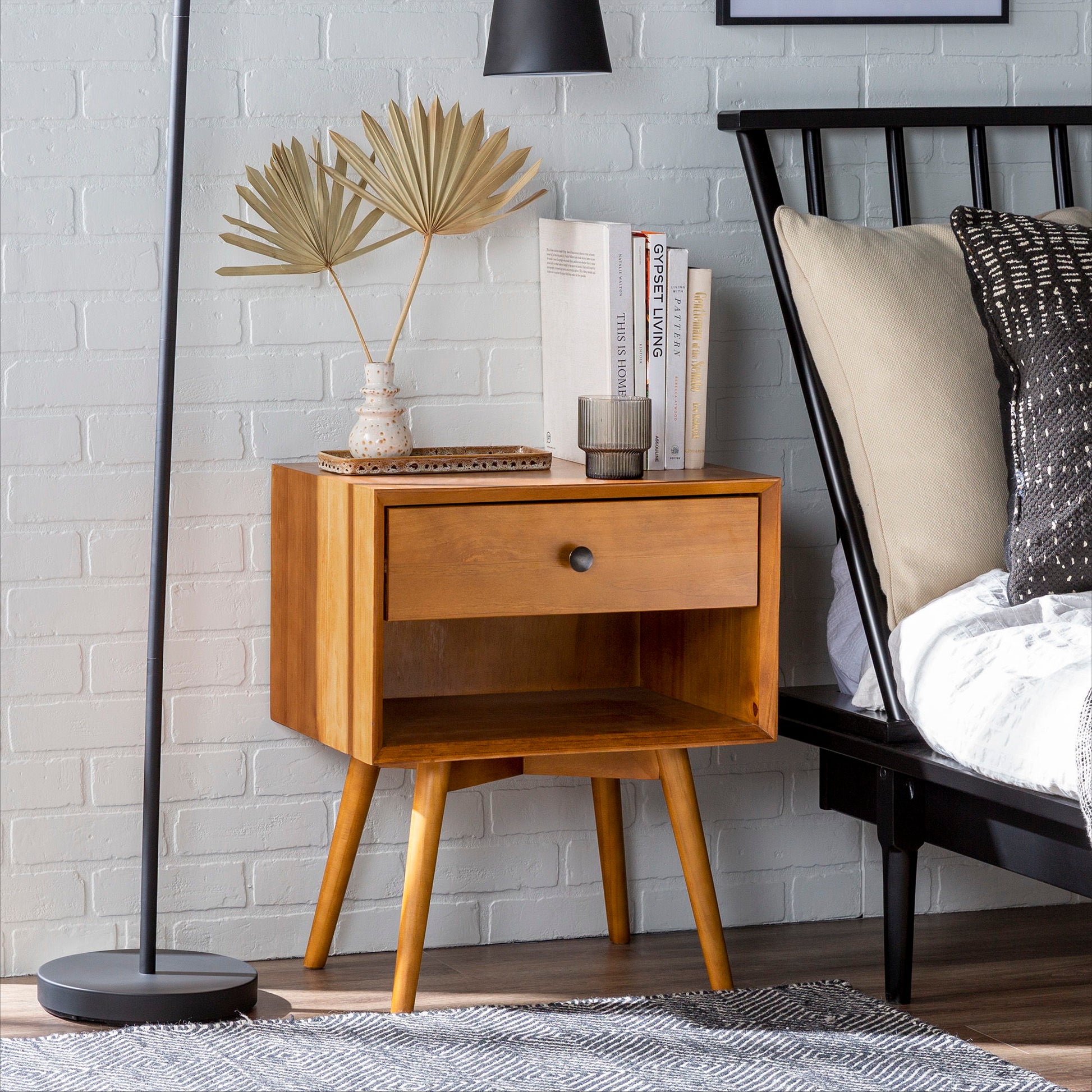 Mid-Century Modern Single Drawer Solid Wood Nightstand - The Sleep Loft - Online Mattress Showroom NYC