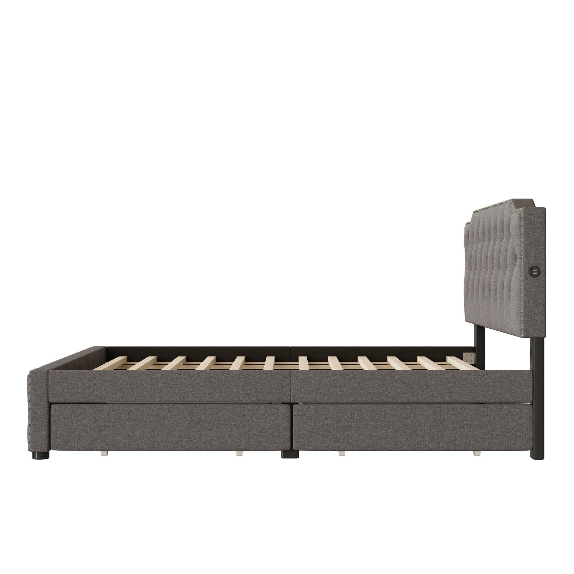 Upholstered Platform Bed With 2 Drawers And 2 Sets Of USB Ports On Each Side, Linen Fabric - The Sleep Loft - Online Mattress Showroom NYC