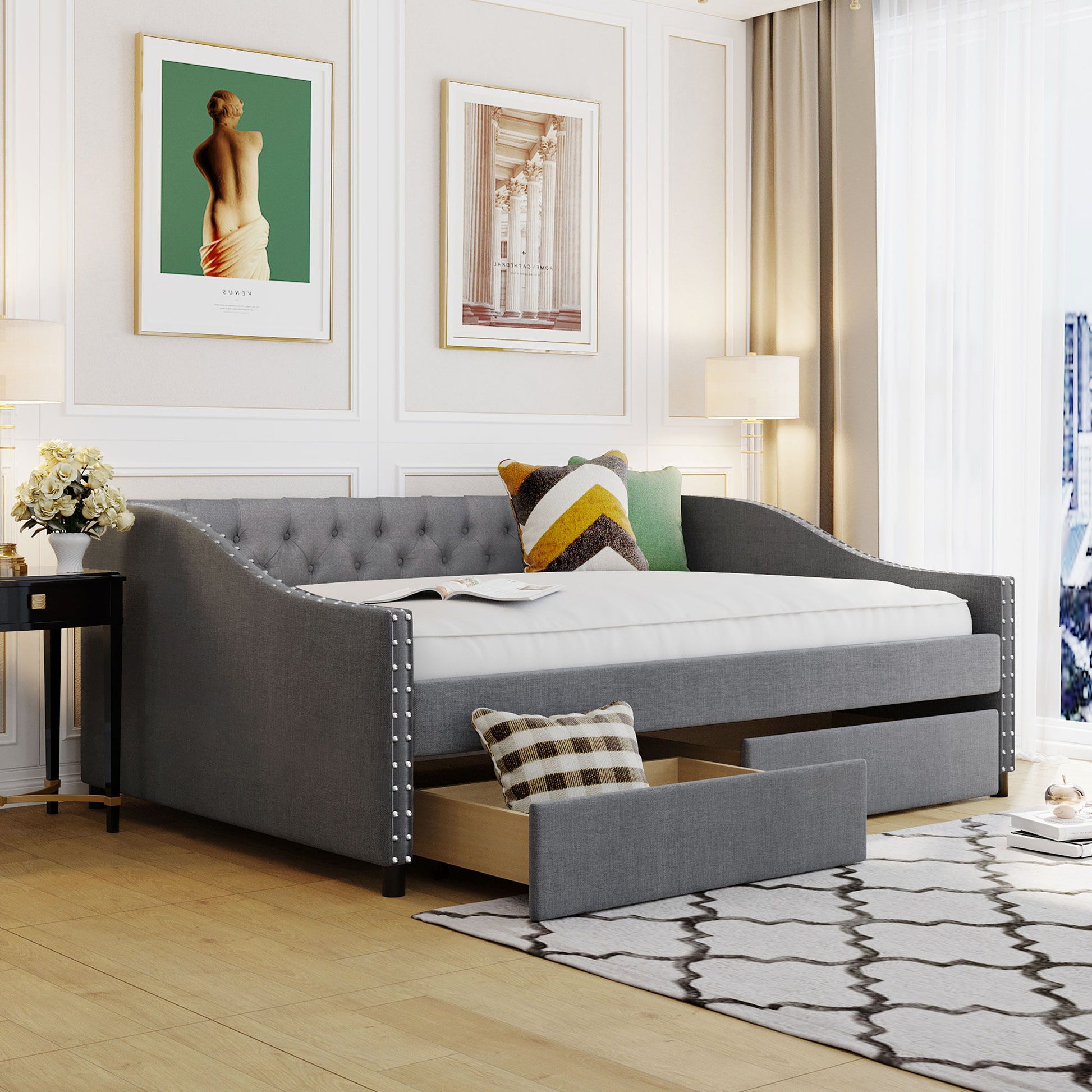 Upholstered Daybed With Two Drawers, Wood Slat Support - The Sleep Loft - Online Mattress Showroom NYC