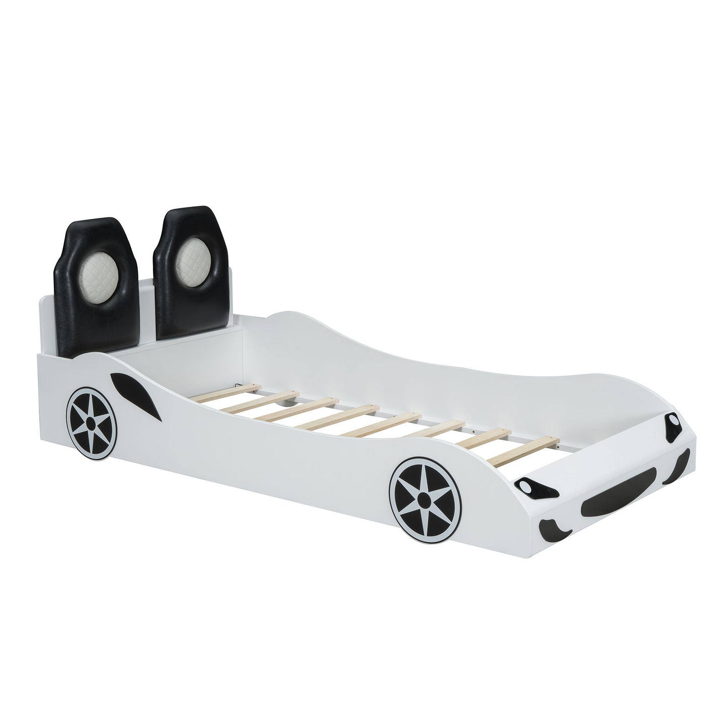 Race Car Shaped Platform Bed With LED And Upholstered Backrest In - The Sleep Loft - Online Mattress Showroom NYC