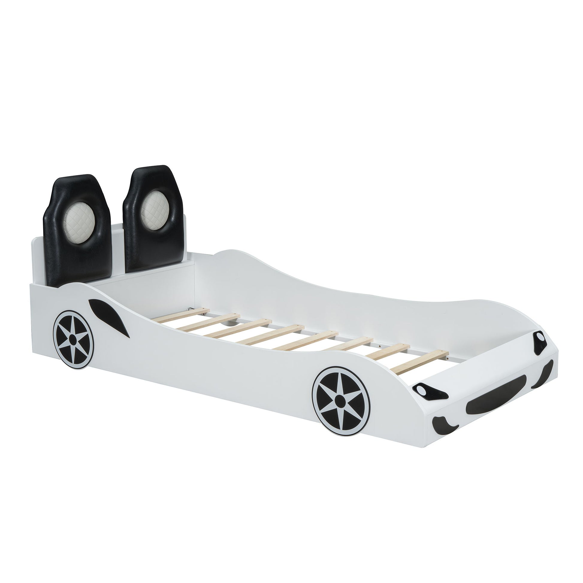 Race Car Shaped Platform Bed With LED And Upholstered Backrest In - The Sleep Loft - Online Mattress Showroom NYC