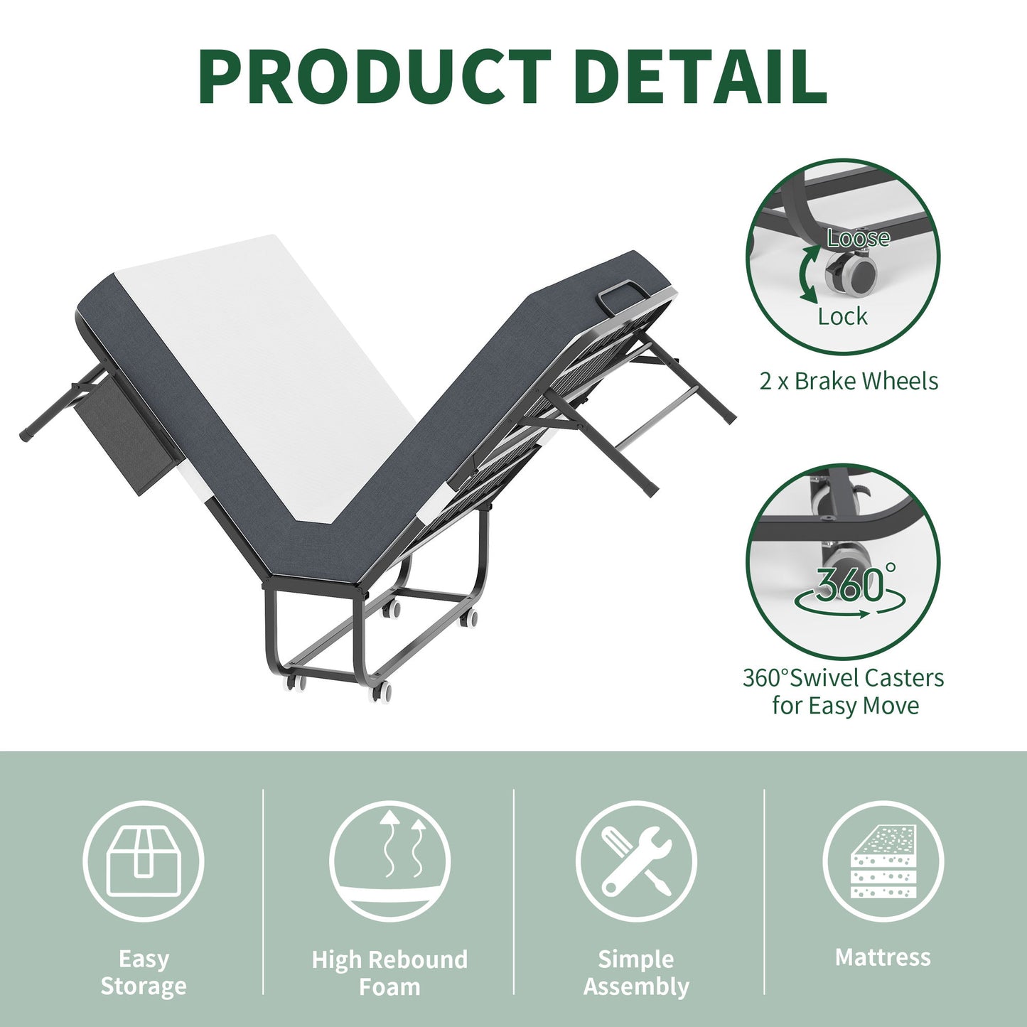 Twin Folding Bed With Memory Foam Mattress, On Wheels, Portable Bed For Adults & Guests - Black - The Sleep Loft - Online Mattress Showroom NYC