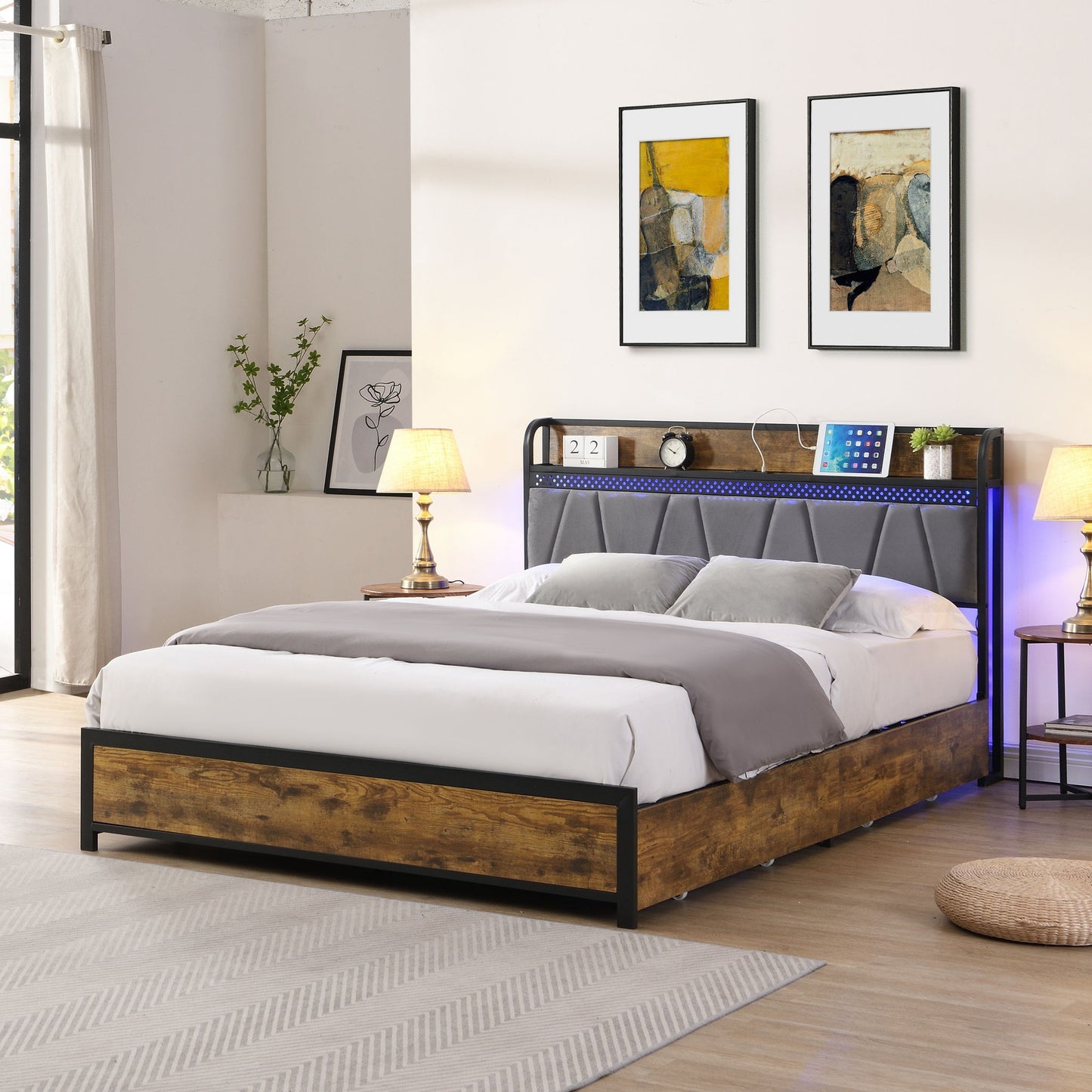 Contemporary Bed Frame With Storage Headboard, Charging Station, LED Lights - The Sleep Loft - Online Mattress Showroom NYC