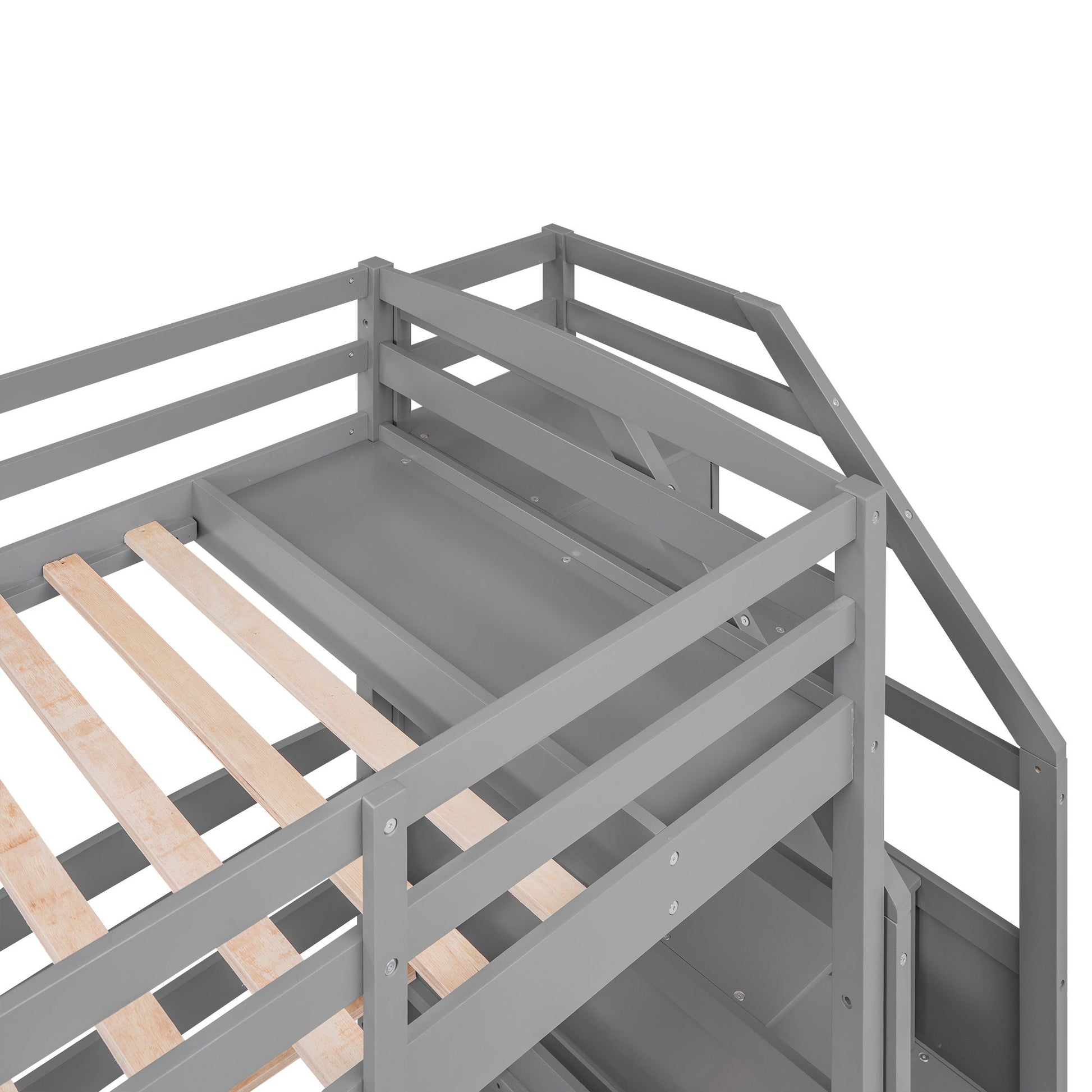 Twin Over Twin & Twin Bunk Bed With Drawers, Staircase Storage, Built In Shelves - Gray - The Sleep Loft - Online Mattress Showroom NYC