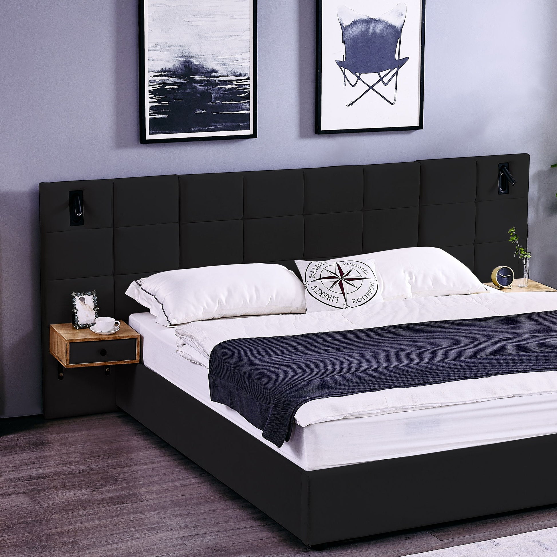 Upholstered Hydraulic Platform Bed With Storage Shelves, Reading Lamps, USB Port - The Sleep Loft - Online Mattress Showroom NYC