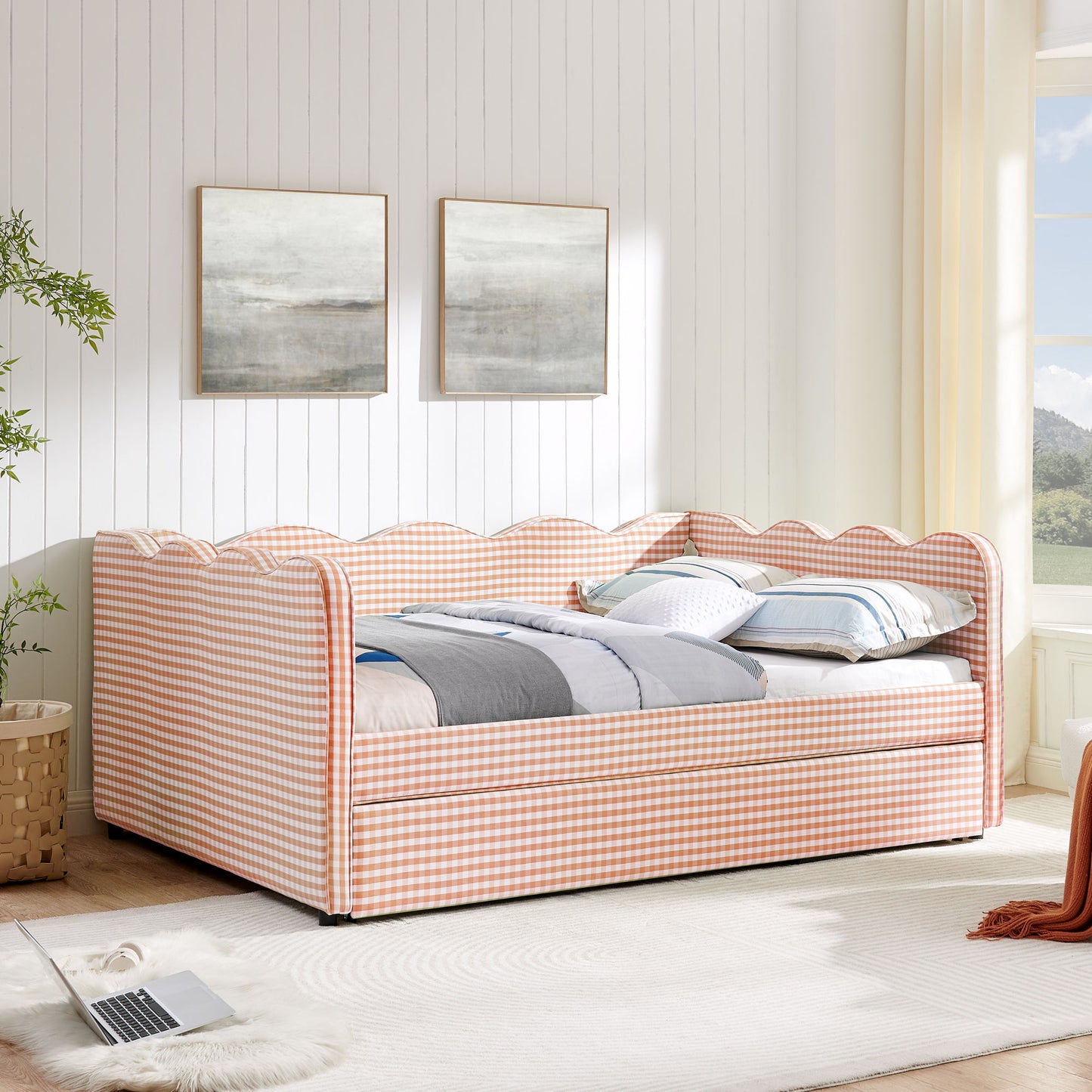 Gingham Daybed With USB Charging Port, Wave-Shaped Design - The Sleep Loft - Online Mattress Showroom NYC