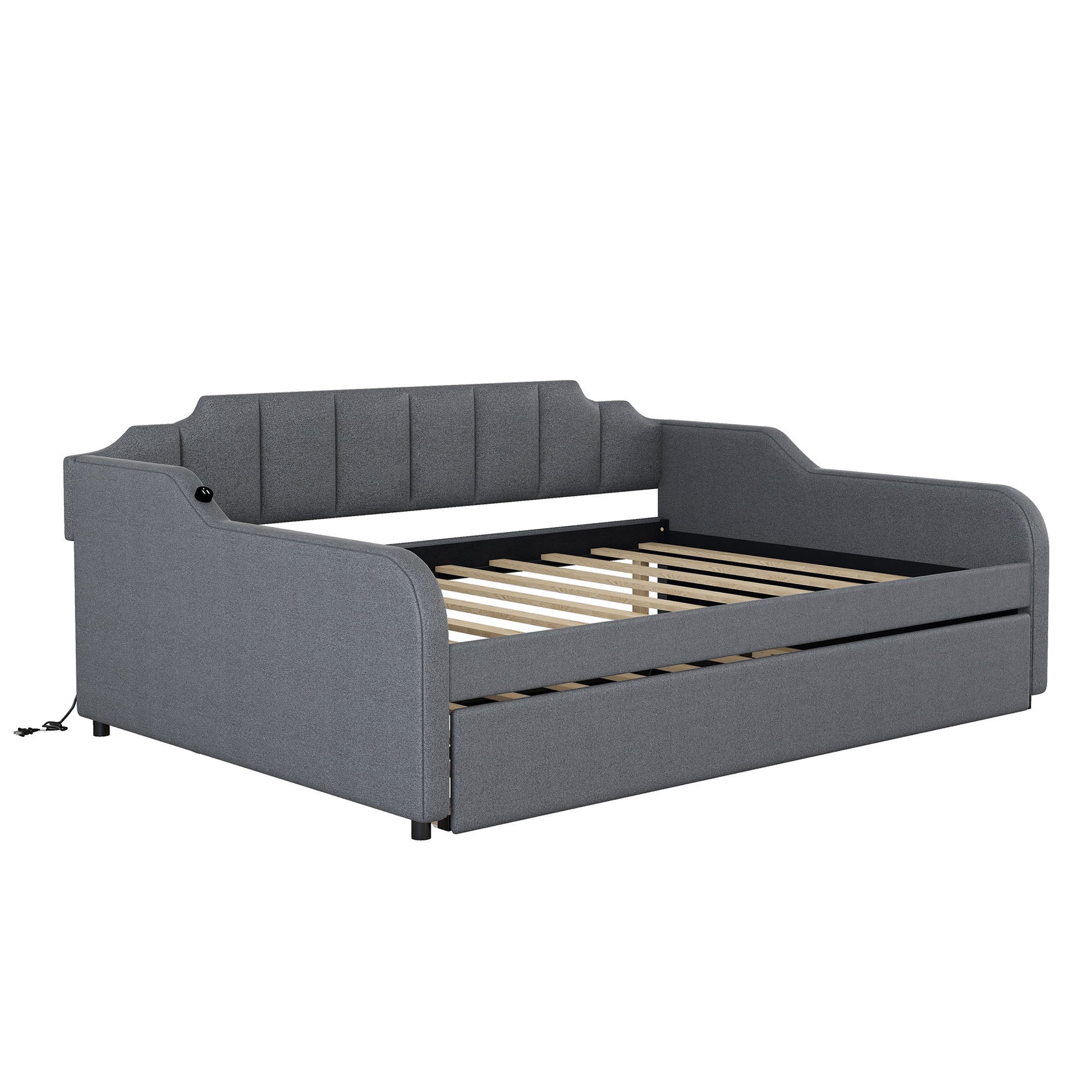 Full Size Upholstered Daybed With Trundle And USB Charging - Gray - The Sleep Loft - Online Mattress Showroom NYC