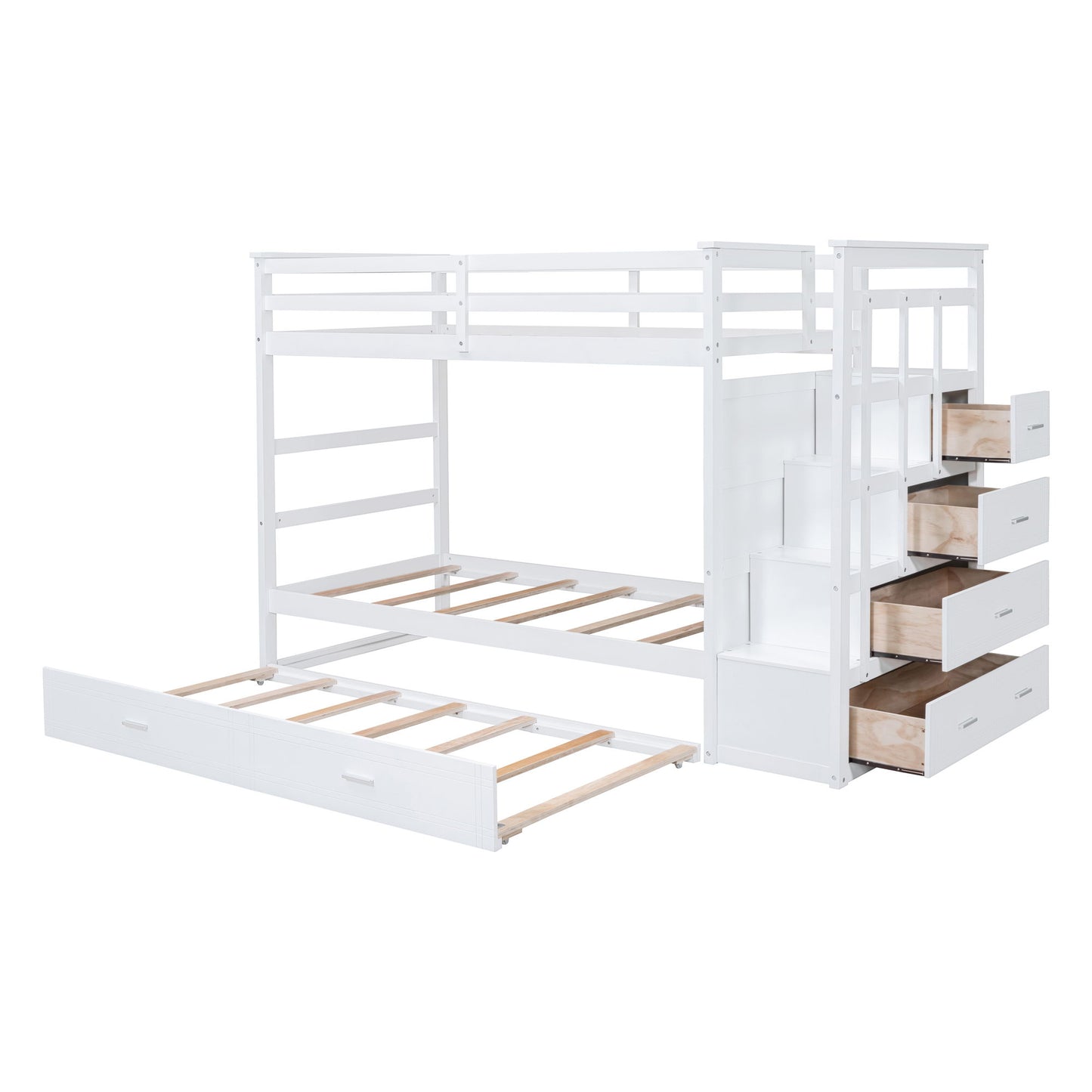 Twin Over Twin Bunk Bed With Trundle And Staircase - White - The Sleep Loft - Online Mattress Showroom NYC