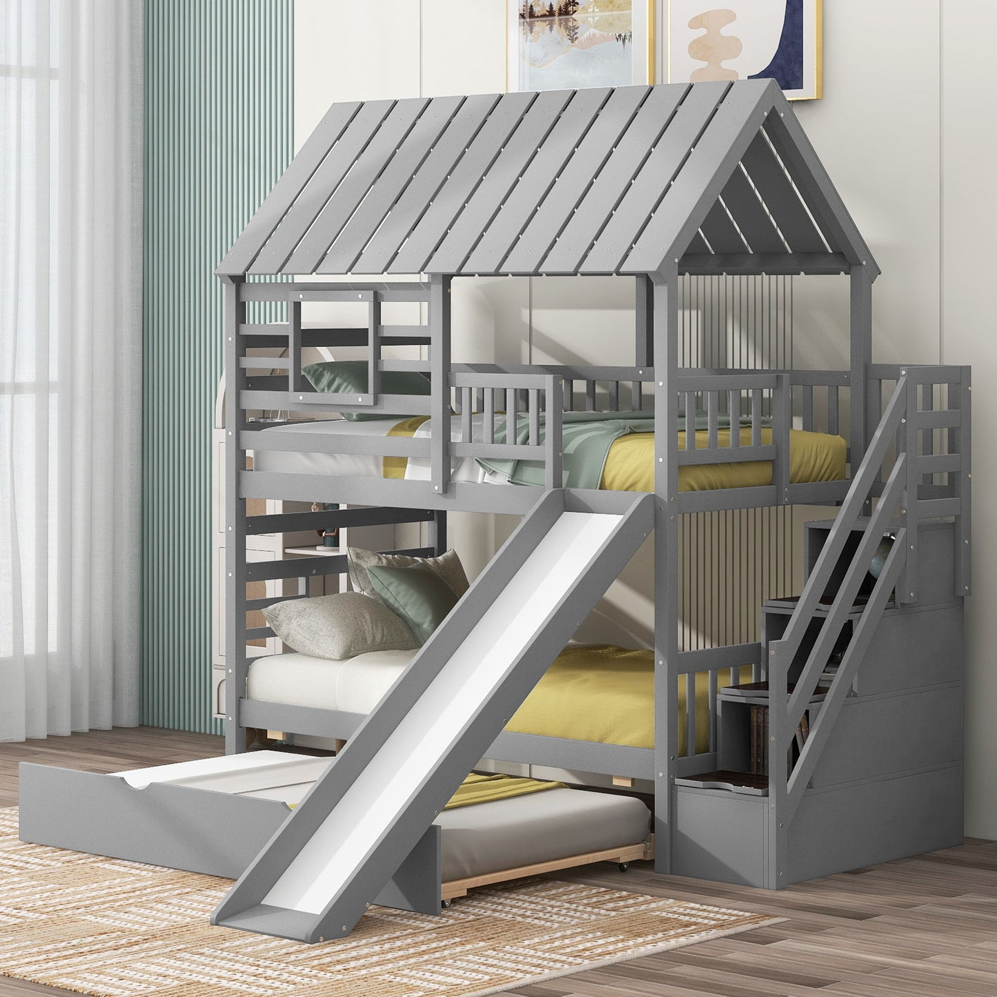 House Bunk Bed With Trundle, Storage Staircase, Roof And Window Design - The Sleep Loft - Online Mattress Showroom NYC