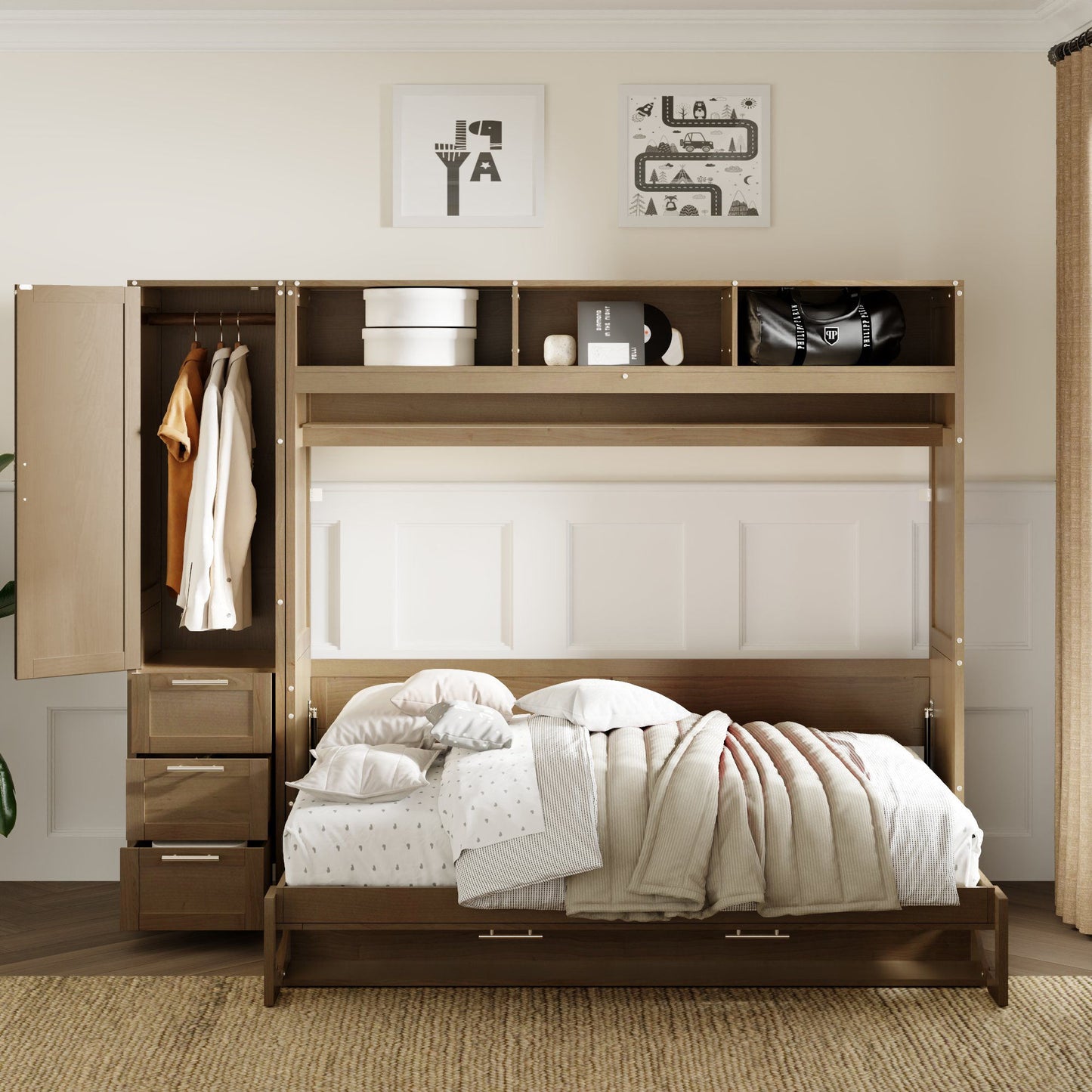 Full Size Murphy Bed With Wardrobe, Drawers, And Open Shelves - Wood - The Sleep Loft - Online Mattress Showroom NYC