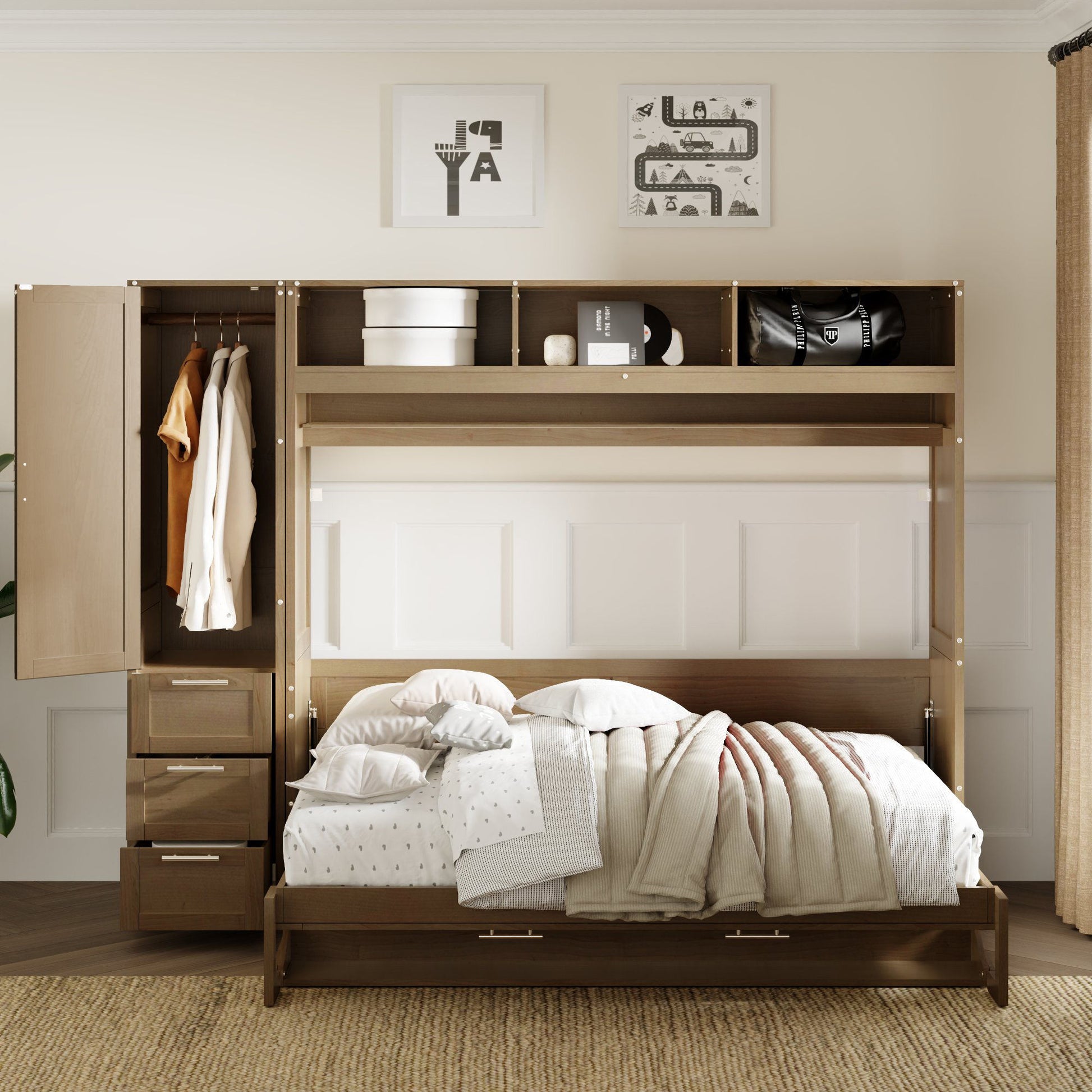 Full Size Murphy Bed With Wardrobe, Drawers, And Open Shelves - Wood - The Sleep Loft - Online Mattress Showroom NYC