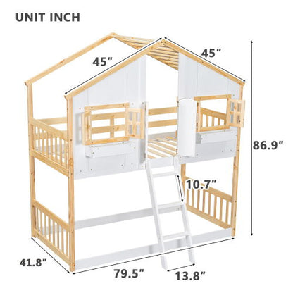 House Bunk Bed With Roof, Window, Window Box, Door, With Safety Guardrails And Ladder - The Sleep Loft - Online Mattress Showroom NYC