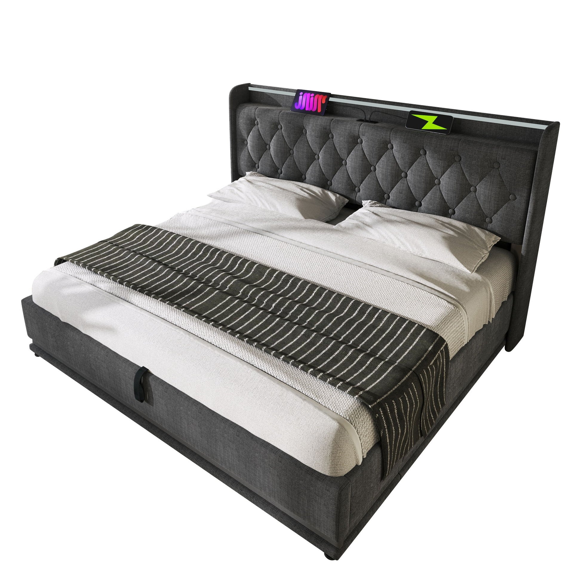 Upholstered Bed, 360 Surround LED Function, Remote Control, Hydraulic Storage Bed With USB, Type-C Charging (Without Mattress) - The Sleep Loft - Online Mattress Showroom NYC