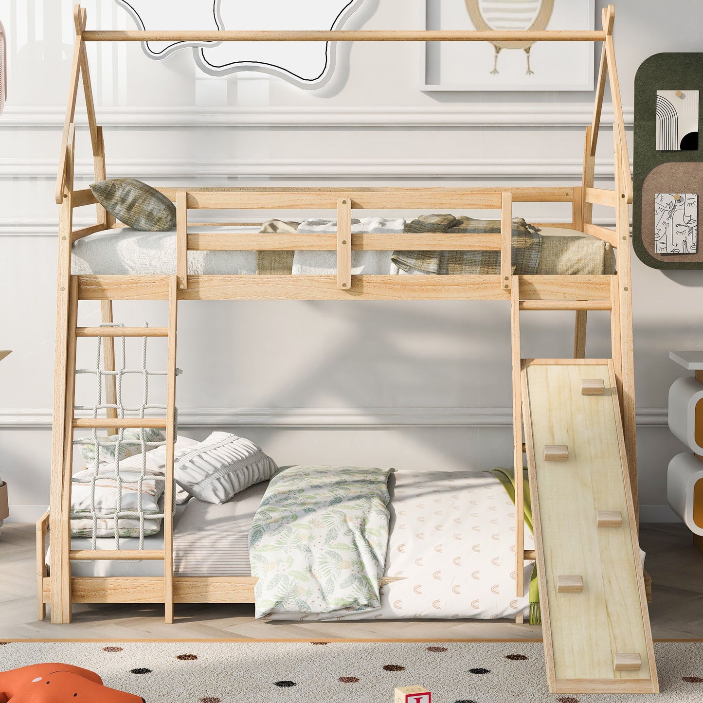 Twin Over Queen House Bunk Bed With Climbing Nets And Climbing Ramp - The Sleep Loft - Online Mattress Showroom NYC
