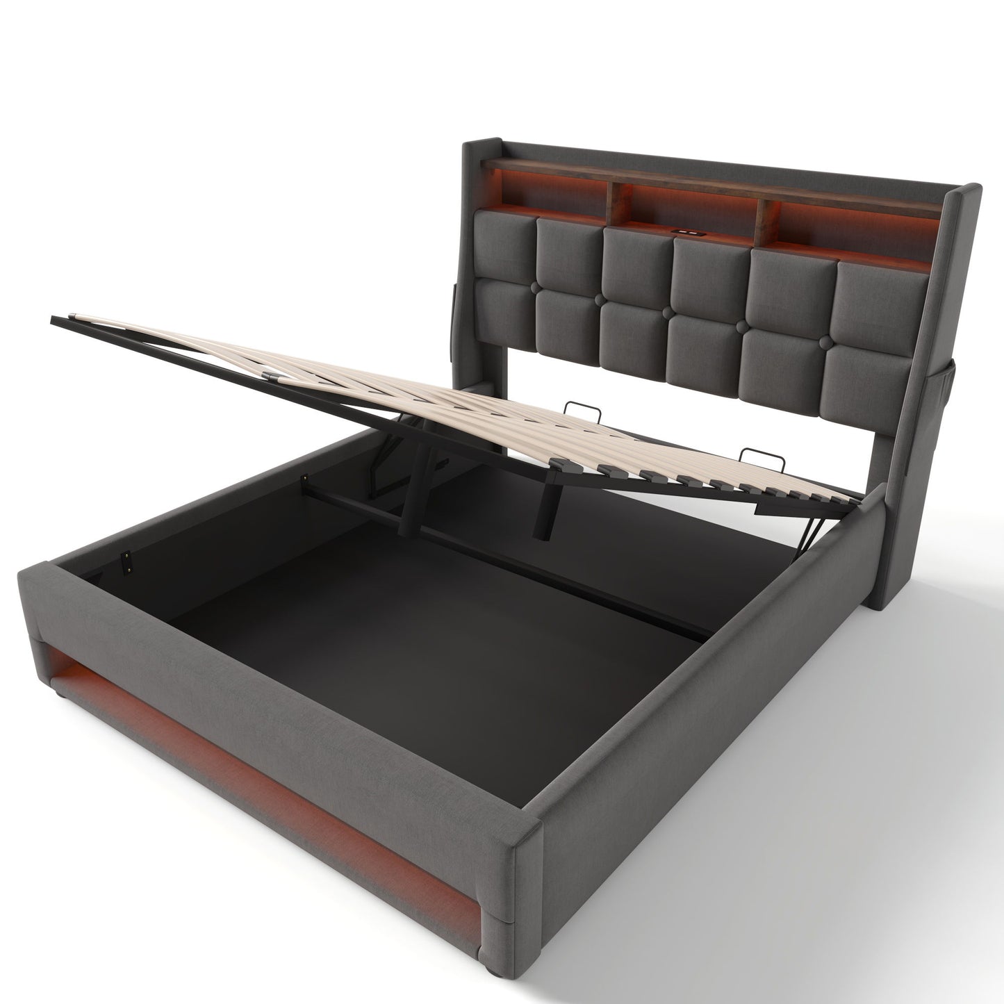 Upholstered Platform Bed With A Hydraulic Storage System, LED And USB Charging (Without Mattress) - The Sleep Loft - Online Mattress Showroom NYC