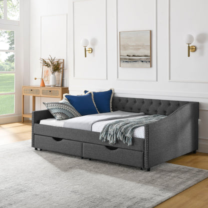 Upholstered Tufted Daybed With 2 Drawers, Waved Arms - The Sleep Loft - Online Mattress Showroom NYC