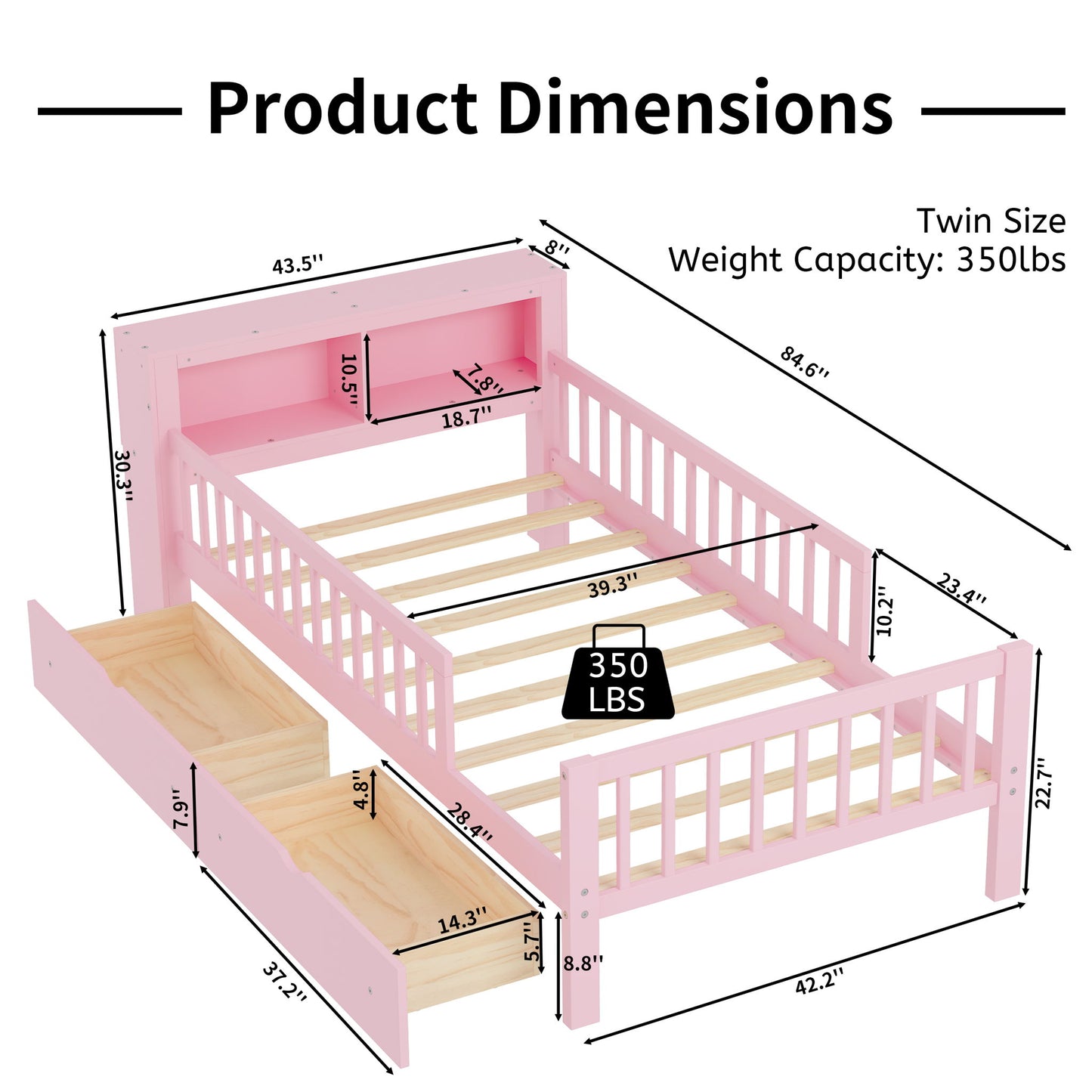 Bed With Headboard Storage Rack, 2 Under Bed Drawers, 3 Side Guardrails For Safety - The Sleep Loft - Online Mattress Showroom NYC