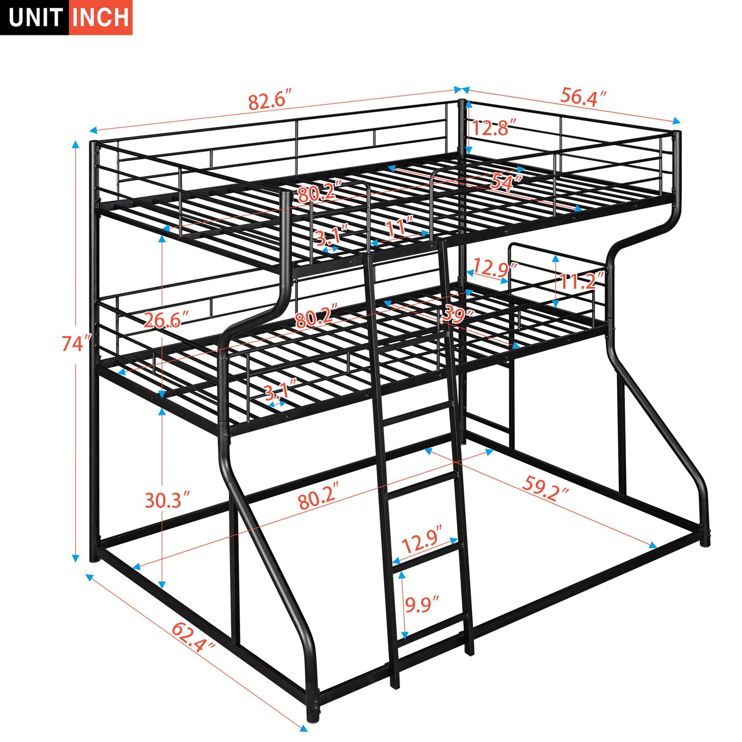 Industrial Triple Bunk Bed With Dual Ladders Frame, Space Saving Design - The Sleep Loft - Online Mattress Showroom NYC