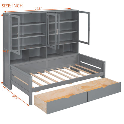 Daybed With Glass Door Storage Cabinets, Built In LED Lighting And Shelves - The Sleep Loft - Online Mattress Showroom NYC
