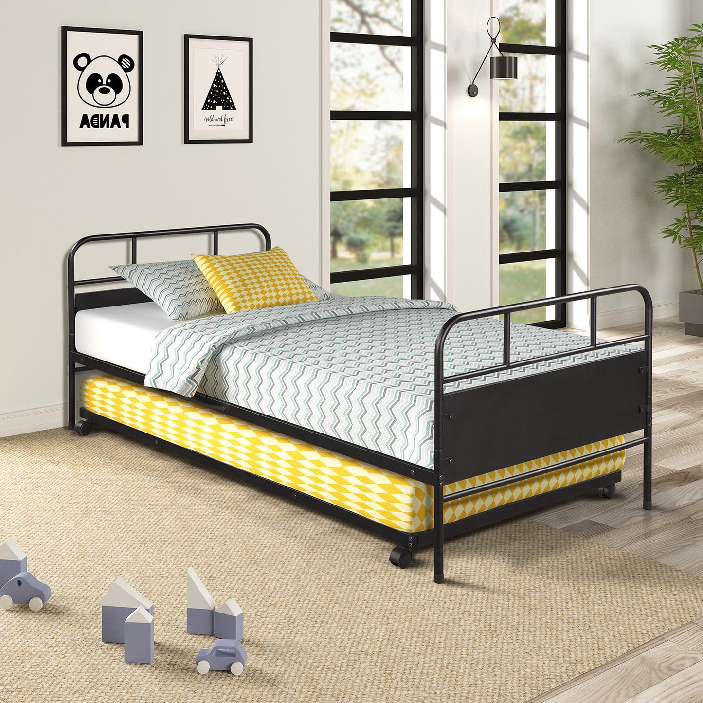 Twin Size Daybed Platform Bed Frame With Trundle Built In Casters - Black - The Sleep Loft - Online Mattress Showroom NYC