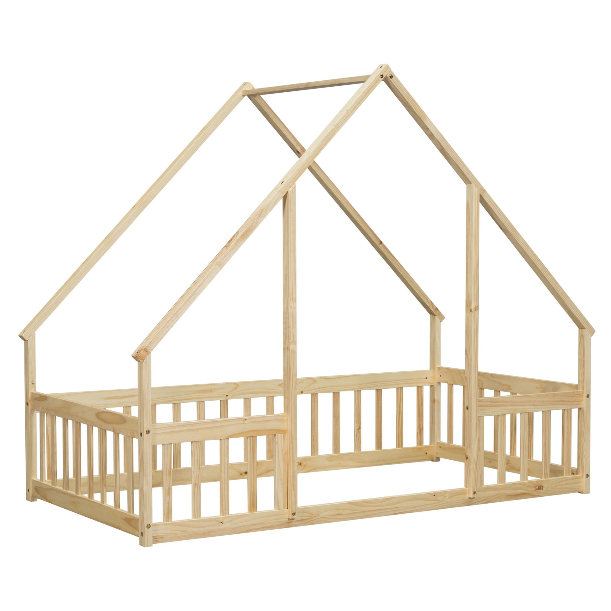 Wood House-Shaped Floor Bed With Fence, Guardrails - The Sleep Loft - Online Mattress Showroom NYC
