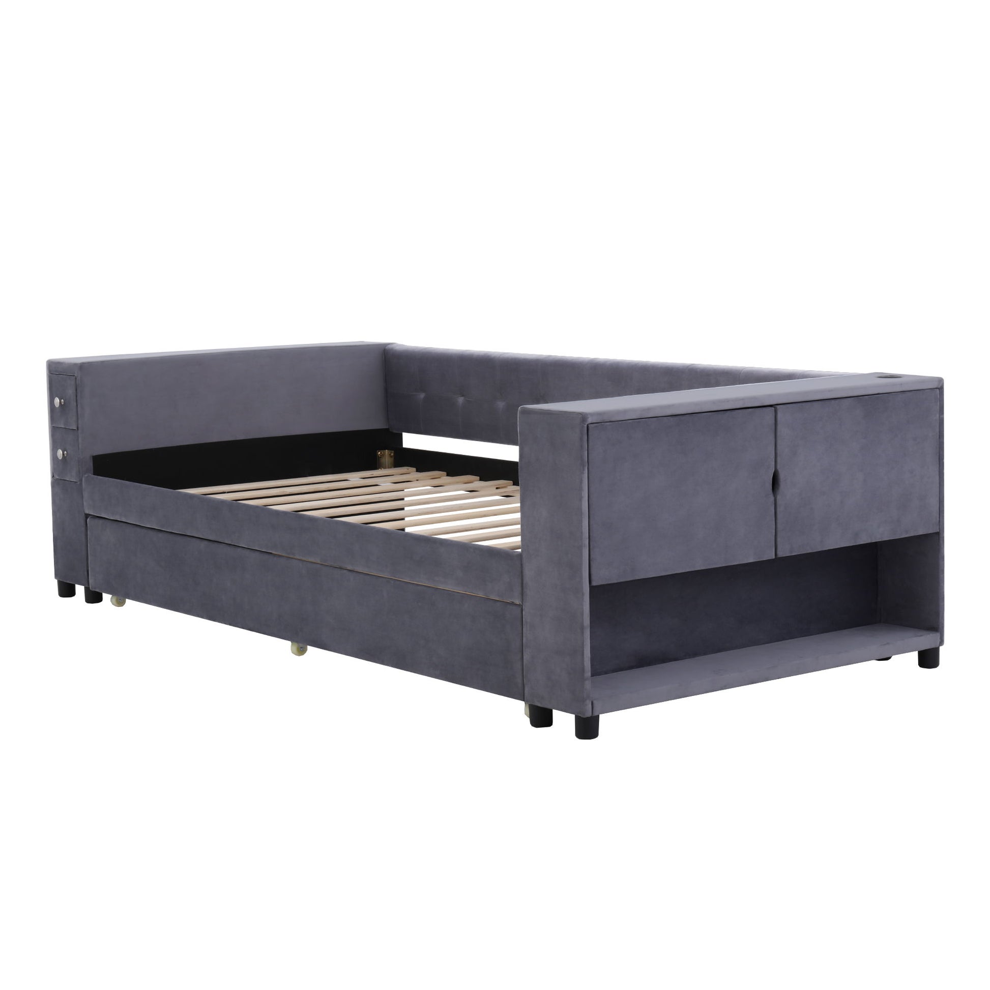 Upholstered Bed With Storage And Twin Trundle, USB Charging Ports - The Sleep Loft - Online Mattress Showroom NYC