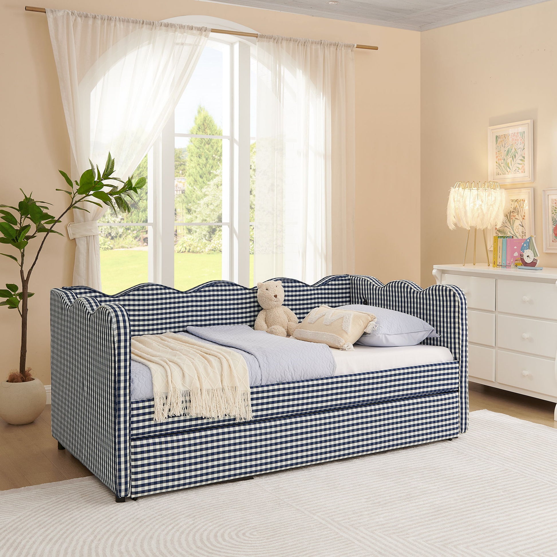 Gingham Daybed With USB Charging Port, Wave-Shaped Design - The Sleep Loft - Online Mattress Showroom NYC