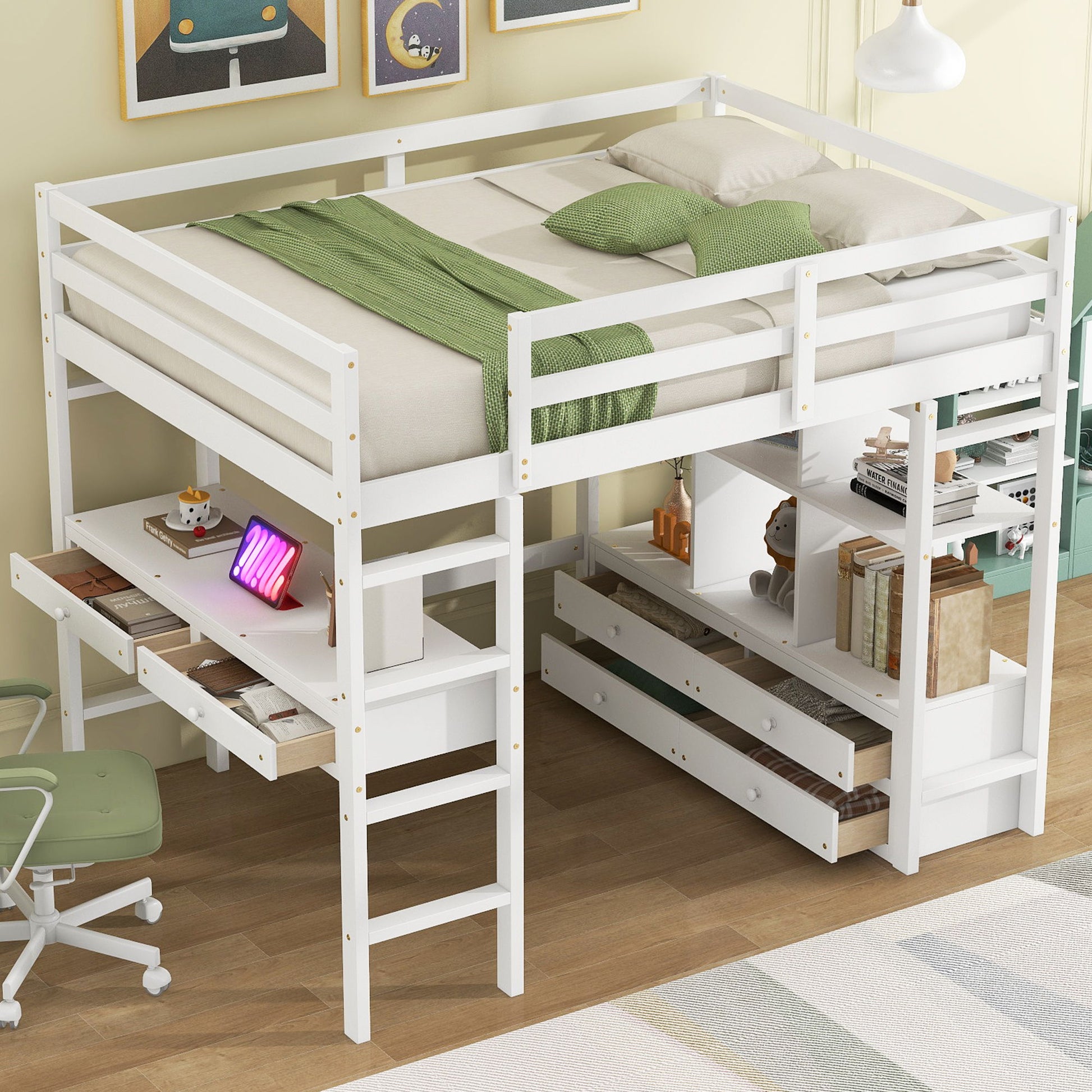 Full Size Loft Bed With Built In Desk, 2 Drawers, Storage Shelves - White - The Sleep Loft - Online Mattress Showroom NYC
