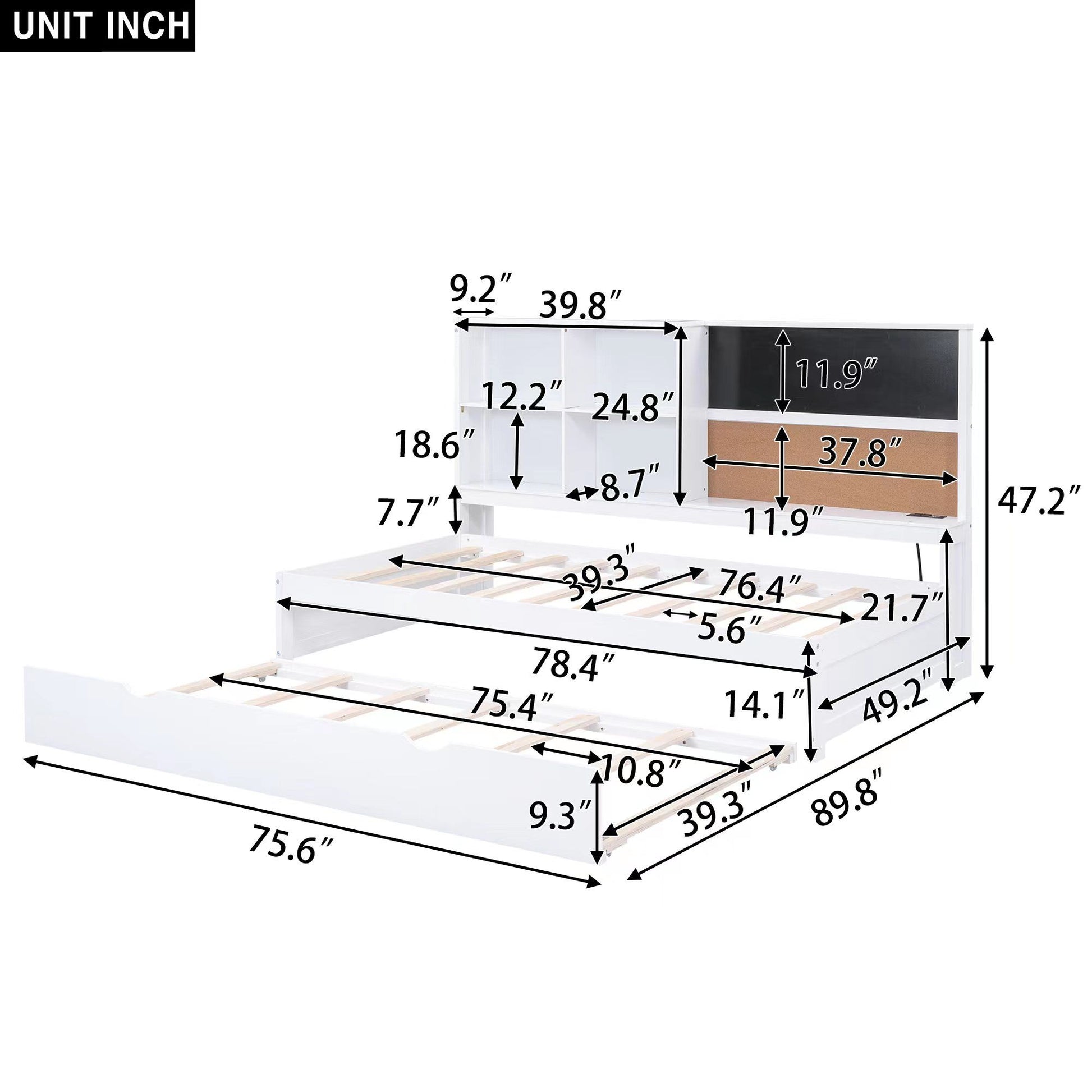 Twin Size Daybed With Storage Shelvesboard, Cork Board, USB Ports And Trundle - White - The Sleep Loft - Online Mattress Showroom NYC