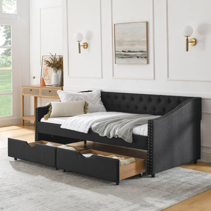 Upholstered Tufted Daybed With 2 Drawers, Waved Arms - The Sleep Loft - Online Mattress Showroom NYC