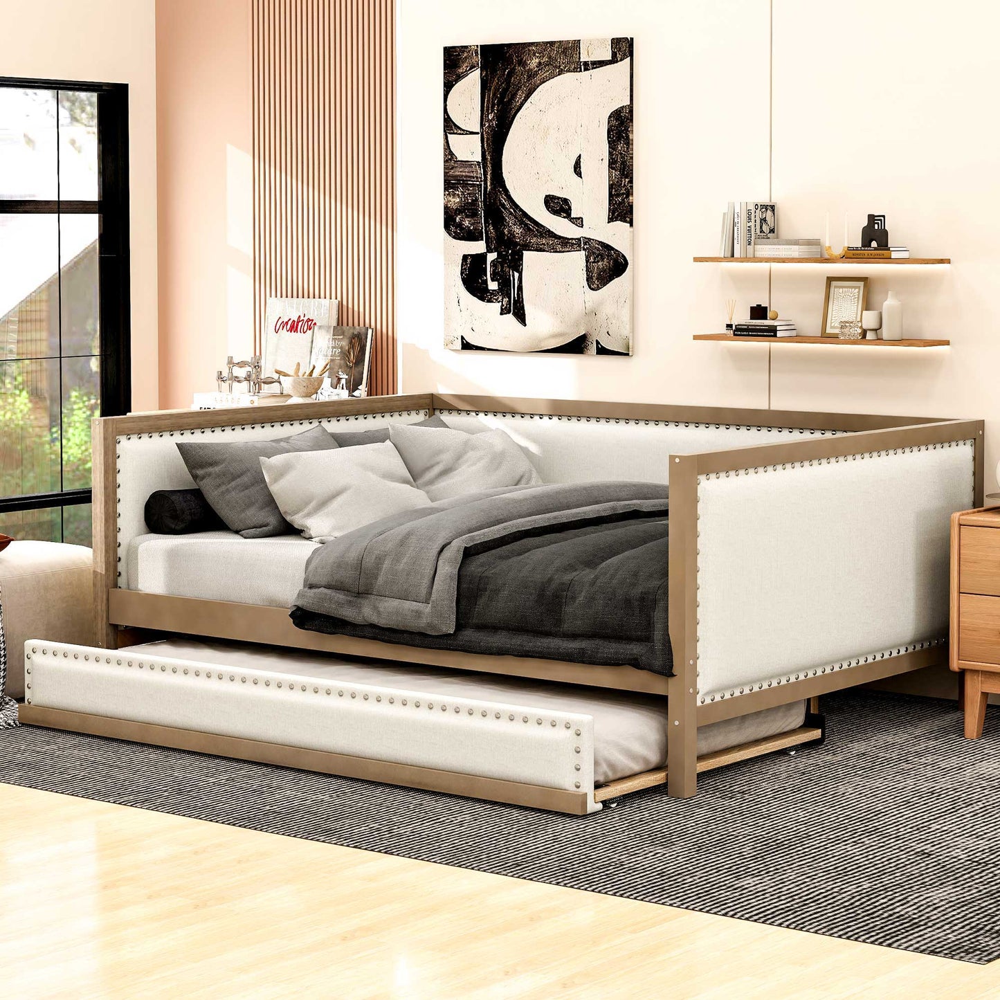 Full Size Daybed With Trundle And Nailhead Decoration - Wood - The Sleep Loft - Online Mattress Showroom NYC