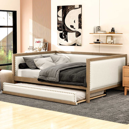 Full Size Daybed With Trundle And Nailhead Decoration - Wood - The Sleep Loft - Online Mattress Showroom NYC