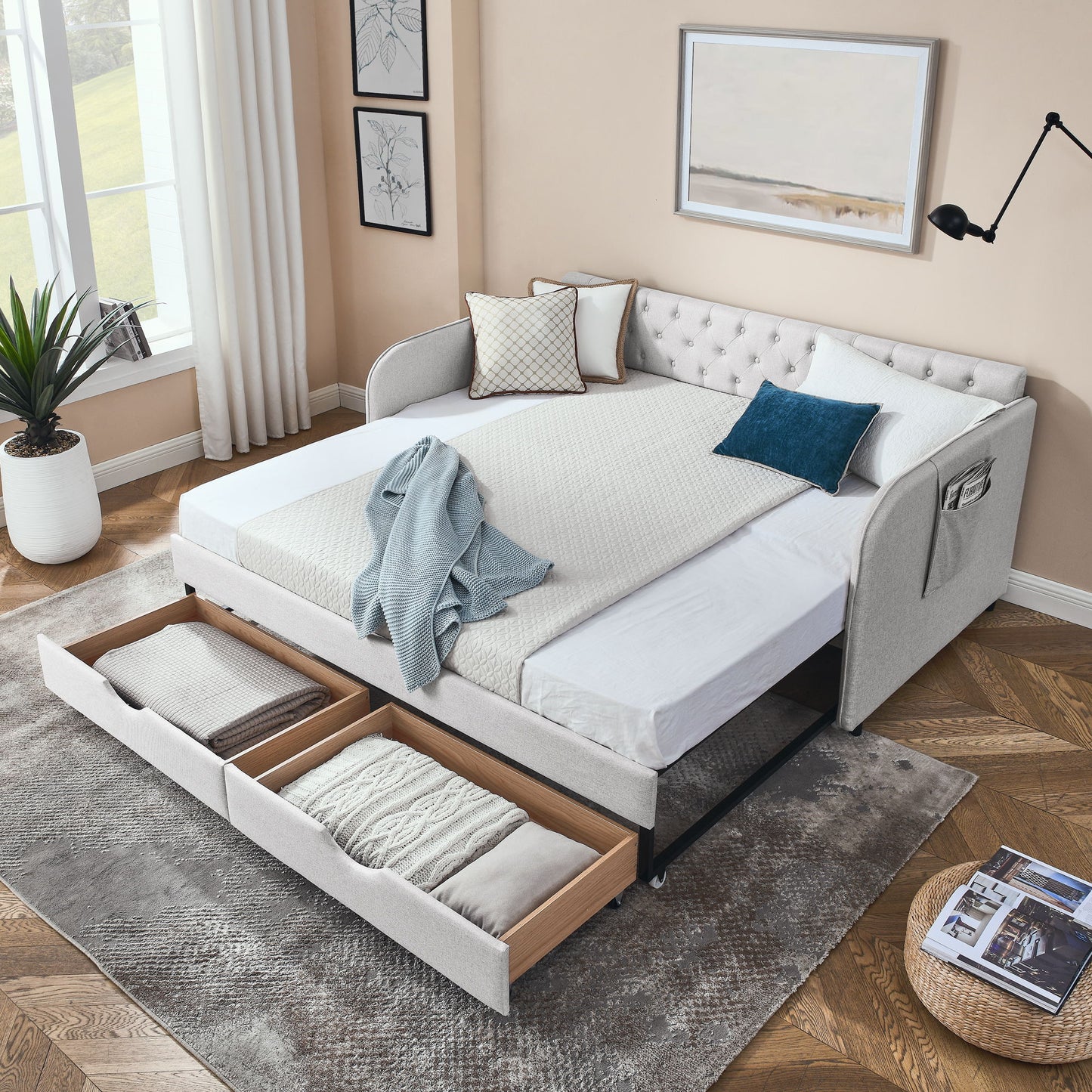 Daybed With Trundle And Storage Drawers, Flat Arms With Pocket - The Sleep Loft - Online Mattress Showroom NYC