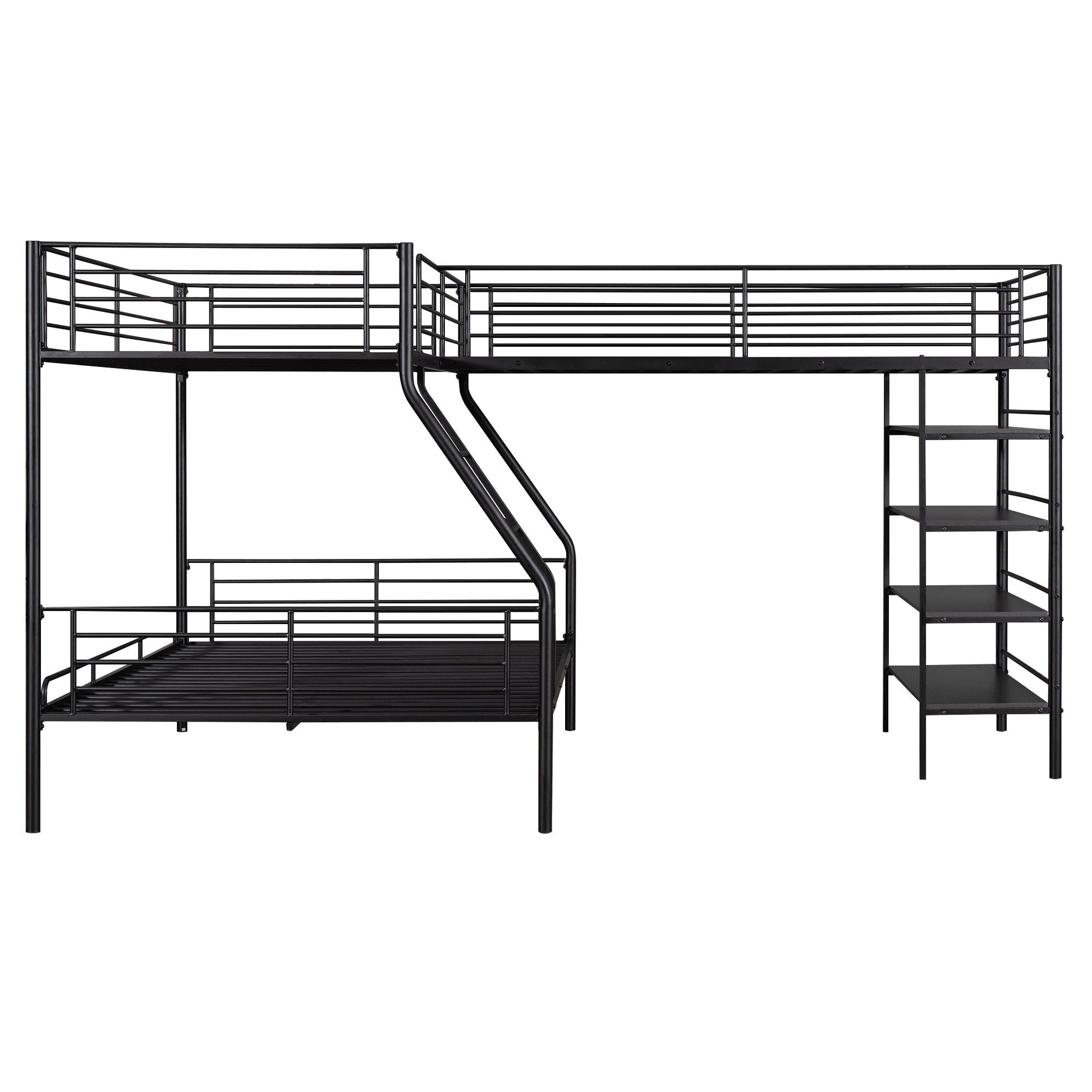 L-Shaped Twin Over Full Bunk Bed And Twin Loft Bed With 4 Built In Shelves - Black - The Sleep Loft - Online Mattress Showroom NYC