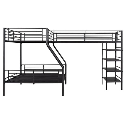 L-Shaped Twin Over Full Bunk Bed And Twin Loft Bed With 4 Built In Shelves - Black - The Sleep Loft - Online Mattress Showroom NYC