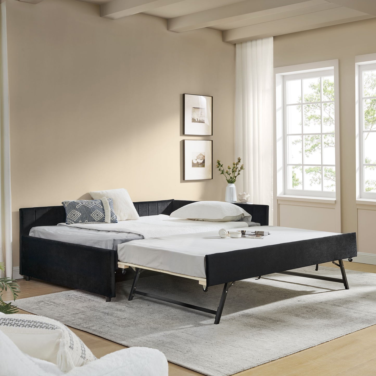 Full Size Upholstered Daybed With Trundle, Tufted Backrest And Armrests - Black - The Sleep Loft - Online Mattress Showroom NYC