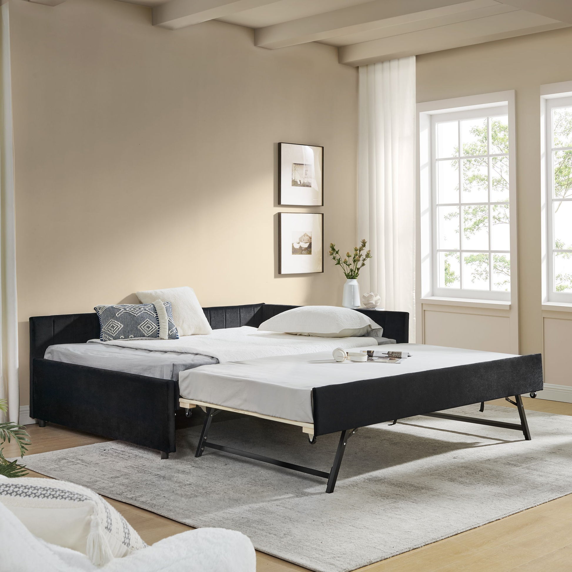 Full Size Upholstered Daybed With Trundle, Tufted Backrest And Armrests - Black - The Sleep Loft - Online Mattress Showroom NYC