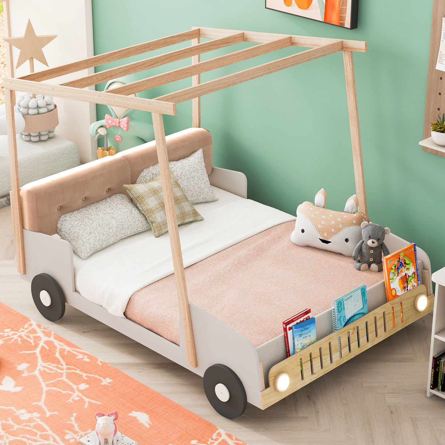 Twin Size Car Bed & Pillow, Ceiling Cloth And LED - Natural - The Sleep Loft - Online Mattress Showroom NYC