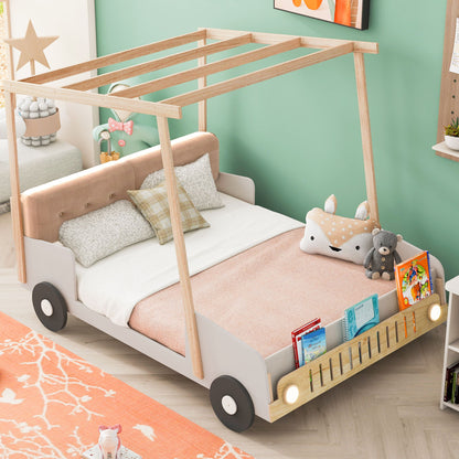 Twin Size Car Bed & Pillow, Ceiling Cloth And LED - Natural - The Sleep Loft - Online Mattress Showroom NYC
