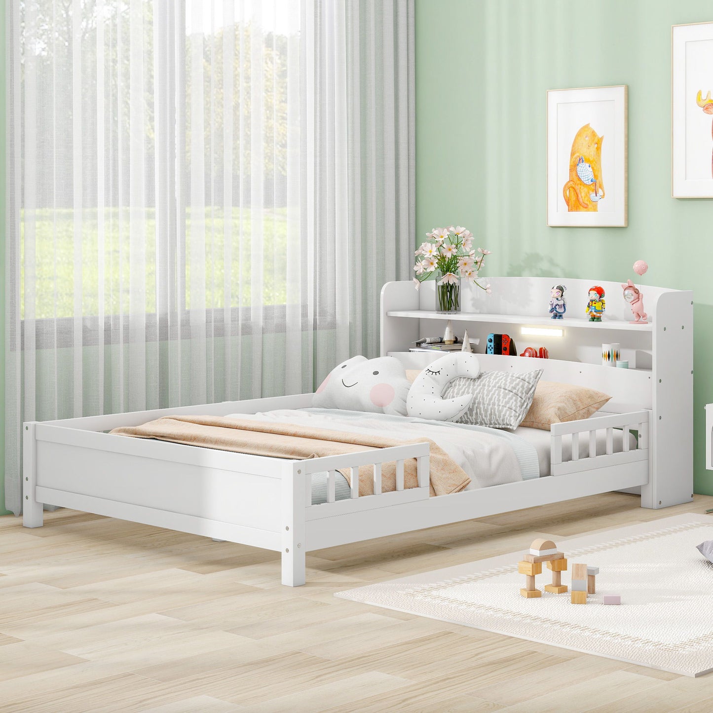 Wood Platform Bed With Built In LED Light, Storage Headboard And Guardrail - The Sleep Loft - Online Mattress Showroom NYC