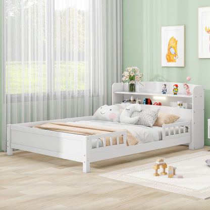 Wood Platform Bed With Built In LED Light, Storage Headboard And Guardrail - The Sleep Loft - Online Mattress Showroom NYC