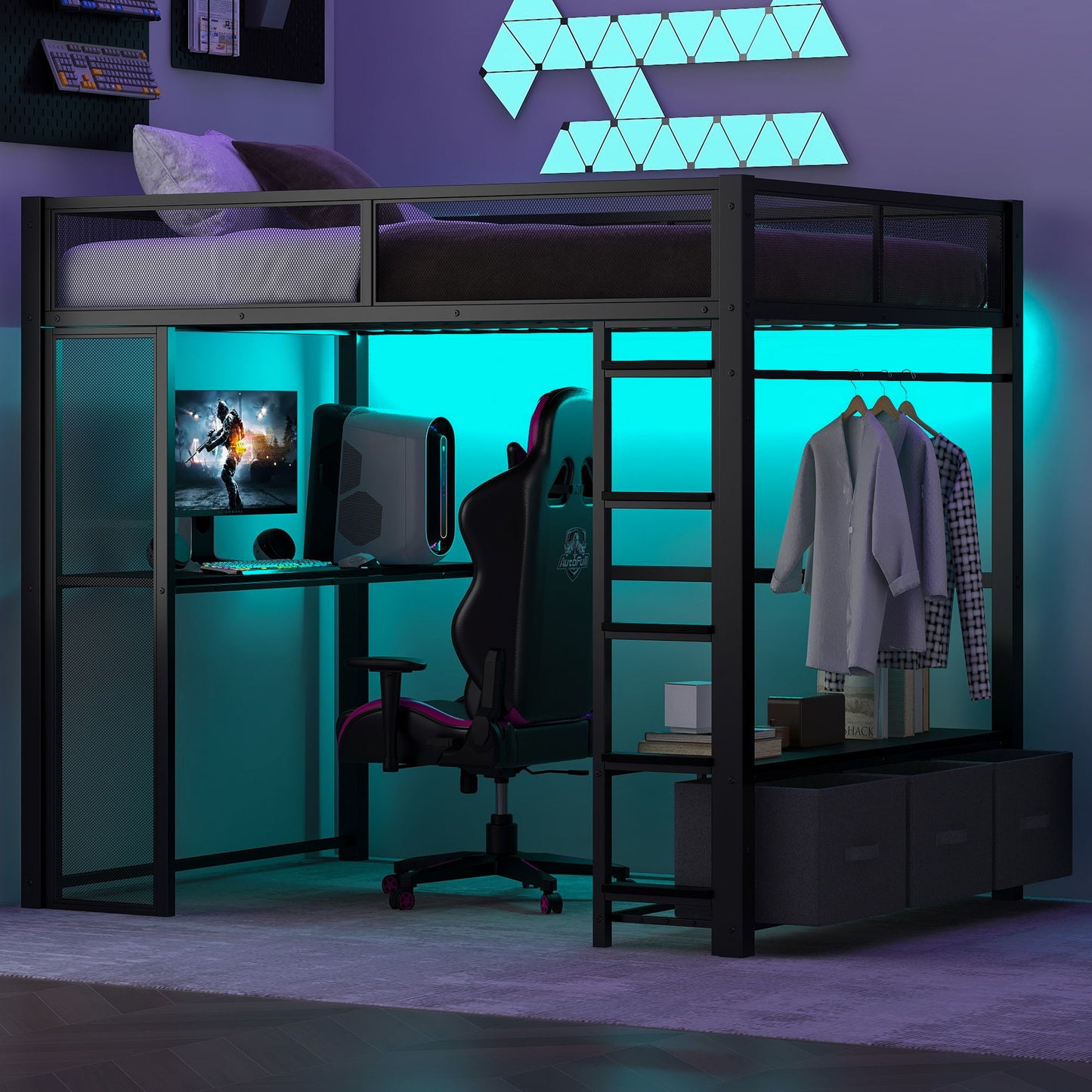 Full Size Gaming Loft Bed With LED Desk, Open Wardrobe, 3 Linen Storage Drawers - Black - The Sleep Loft - Online Mattress Showroom NYC