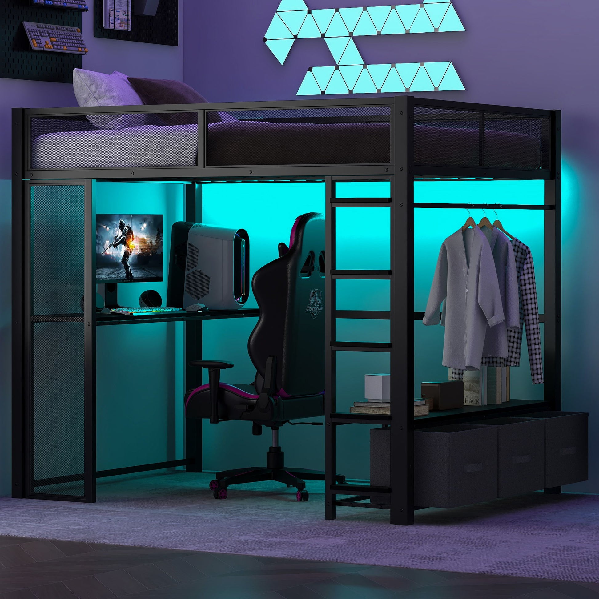Full Size Gaming Loft Bed With LED Desk, Open Wardrobe, 3 Linen Storage Drawers - Black - The Sleep Loft - Online Mattress Showroom NYC