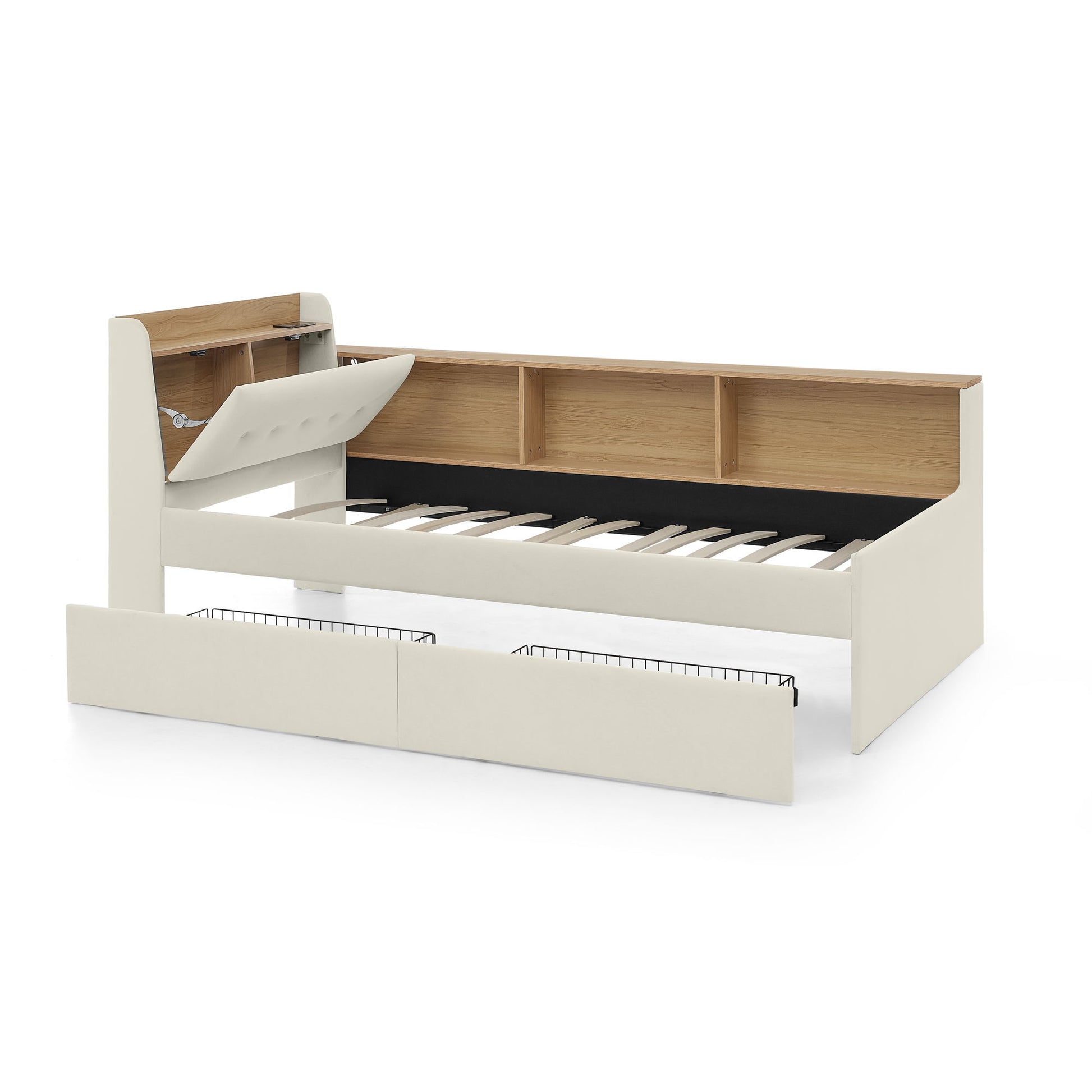 Upholstered Daybed With Storage Headboard, Wireless Charging, LED Lights - The Sleep Loft - Online Mattress Showroom NYC