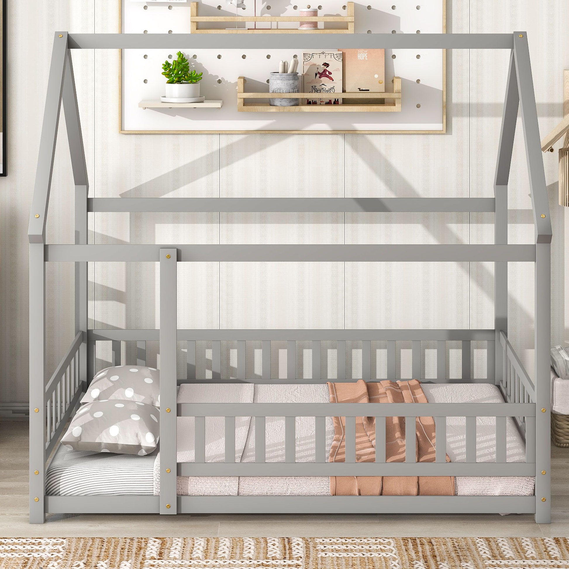 Floor Wooden Bed With House Roof Frame, Fence Guardrails - The Sleep Loft - Online Mattress Showroom NYC